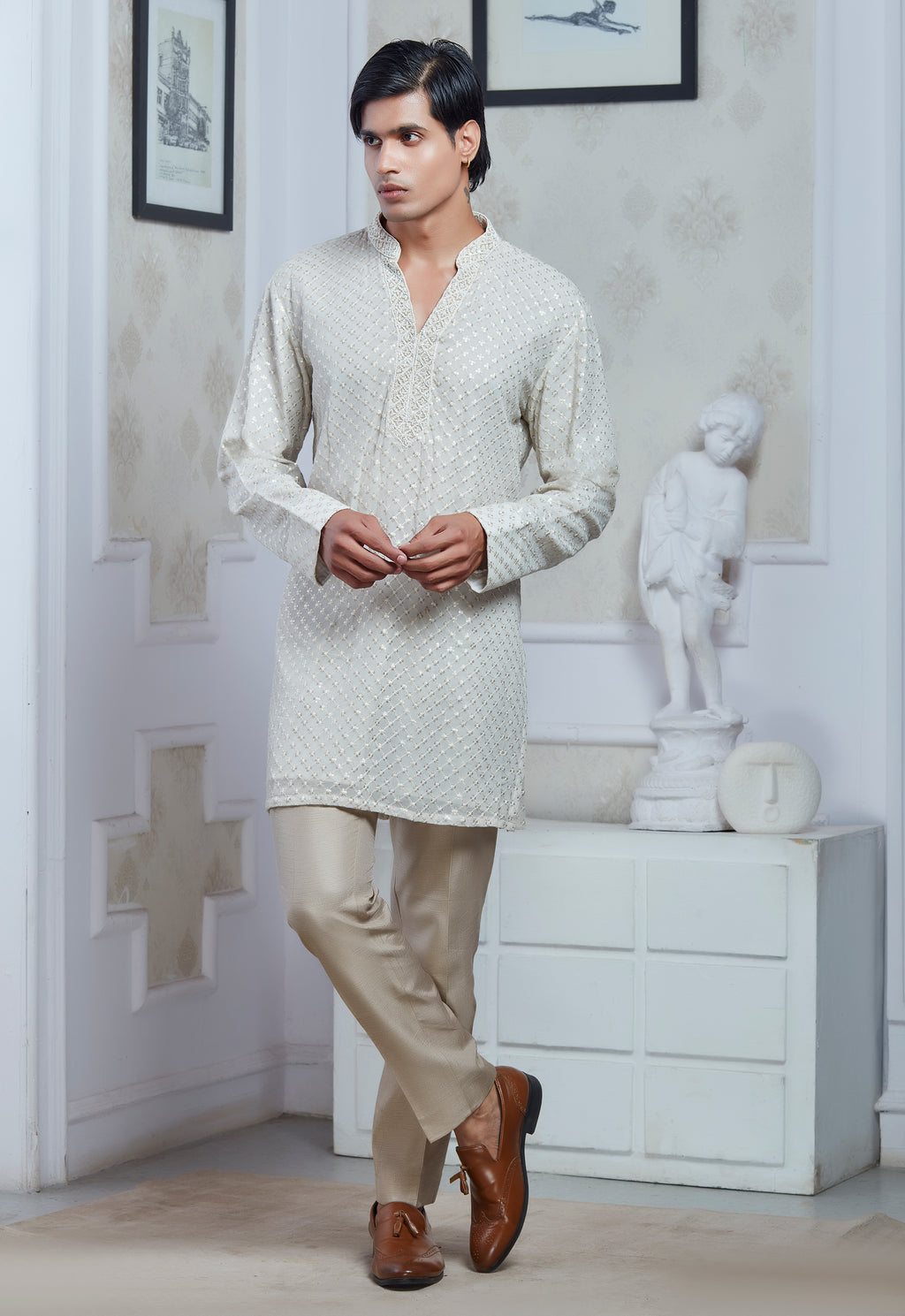 Champagne Velvet Embroidered Indowestern Set