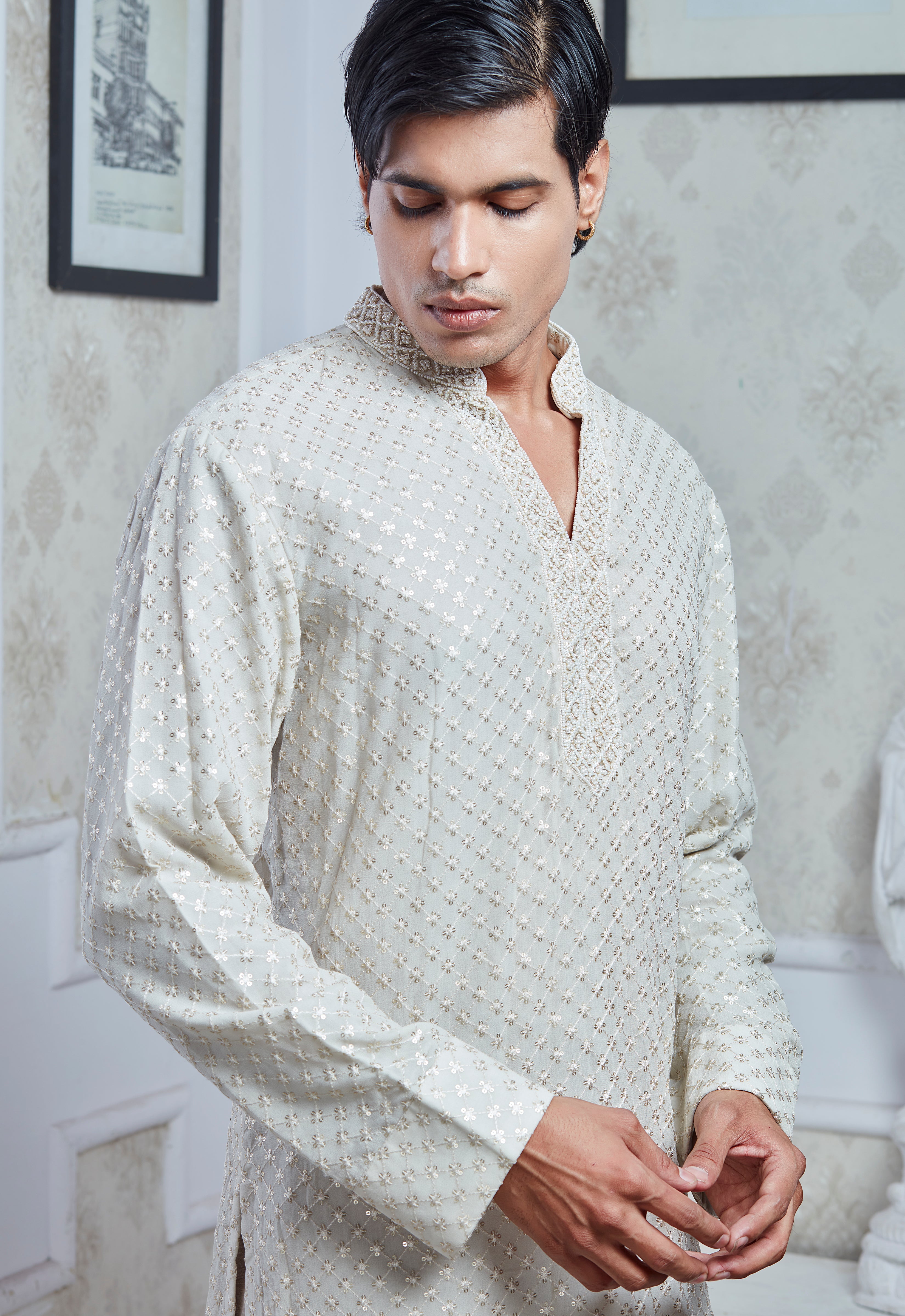 Champagne Velvet Embroidered Indowestern Set