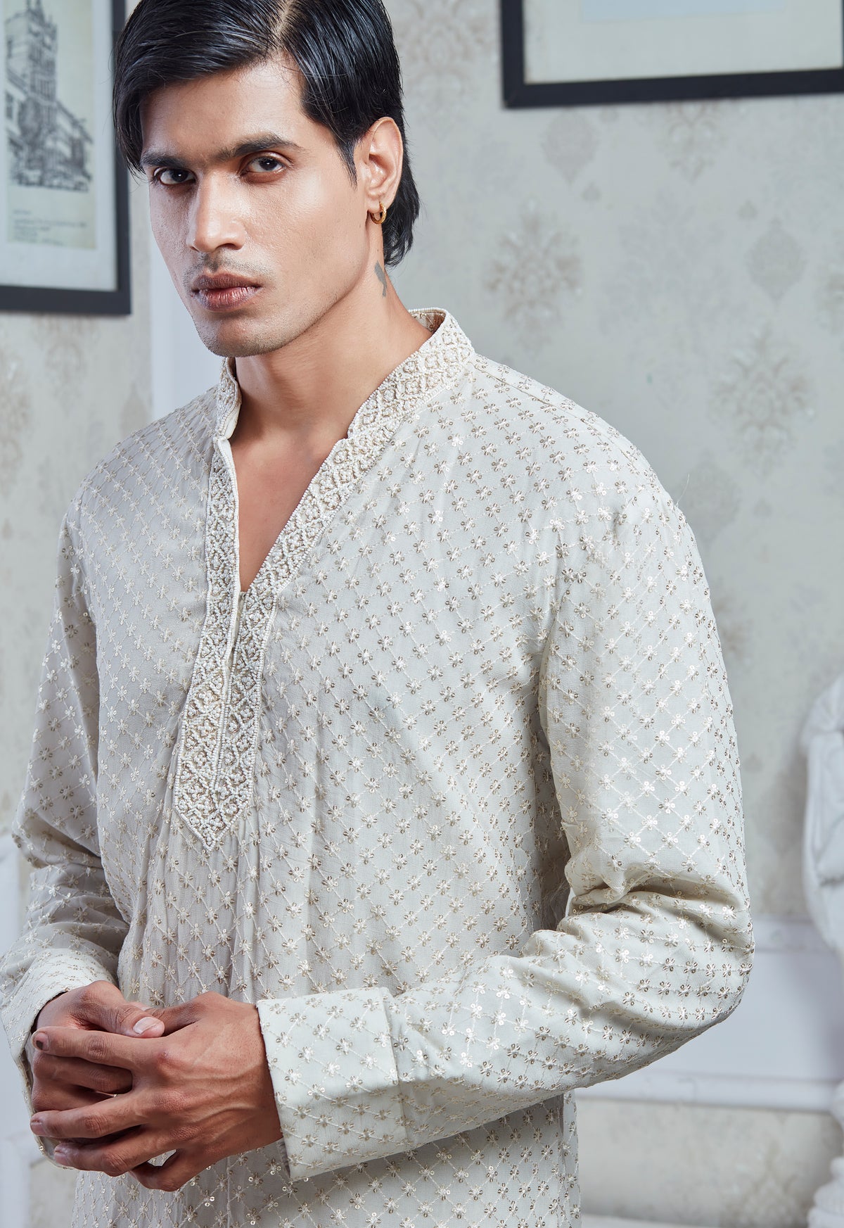 Champagne Velvet Embroidered Indowestern Set