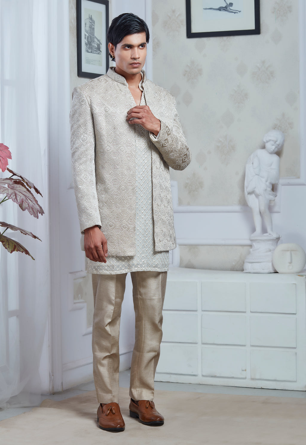 Champagne Velvet Embroidered Indowestern Set