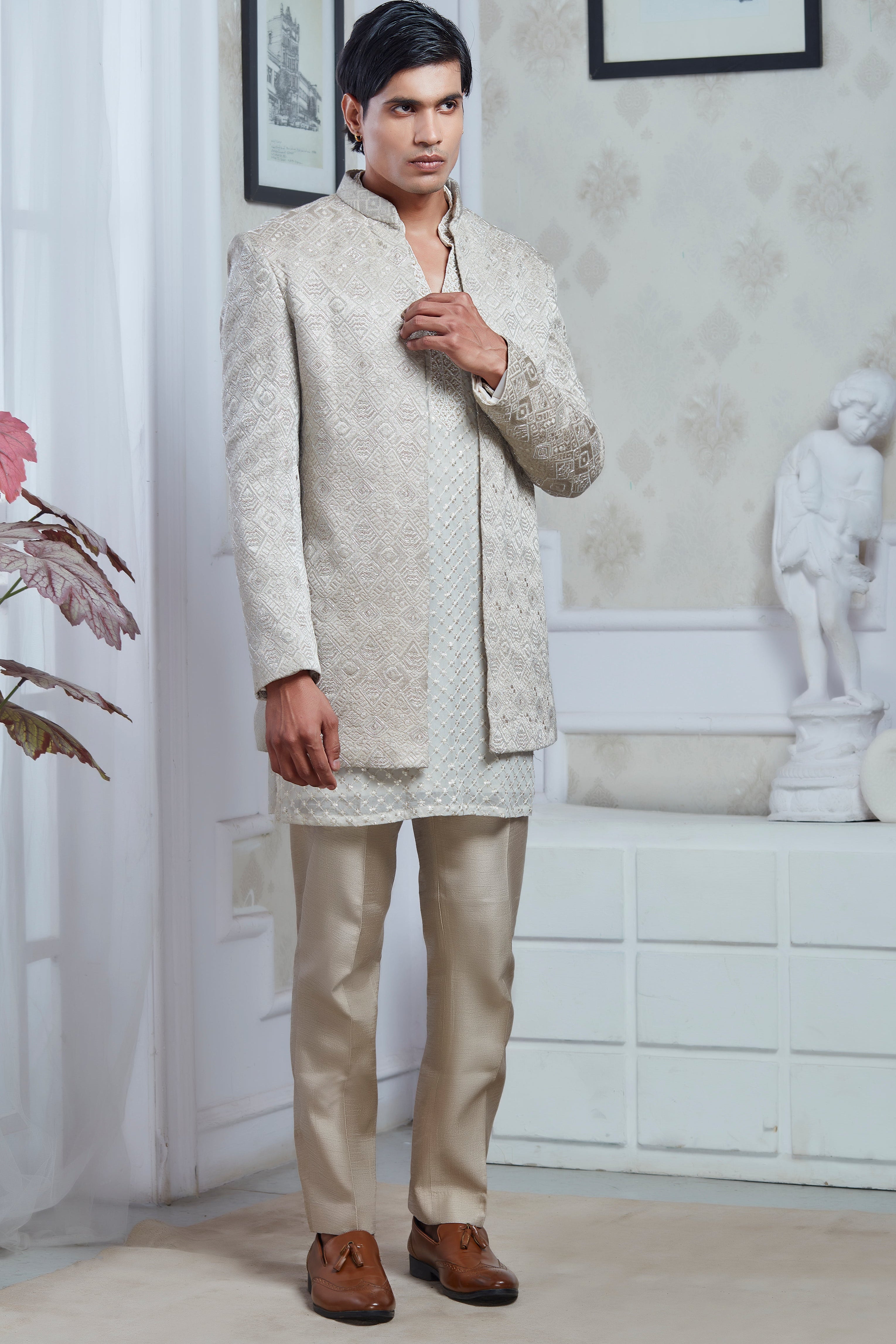 Champagne Velvet Embroidered Indowestern Set
