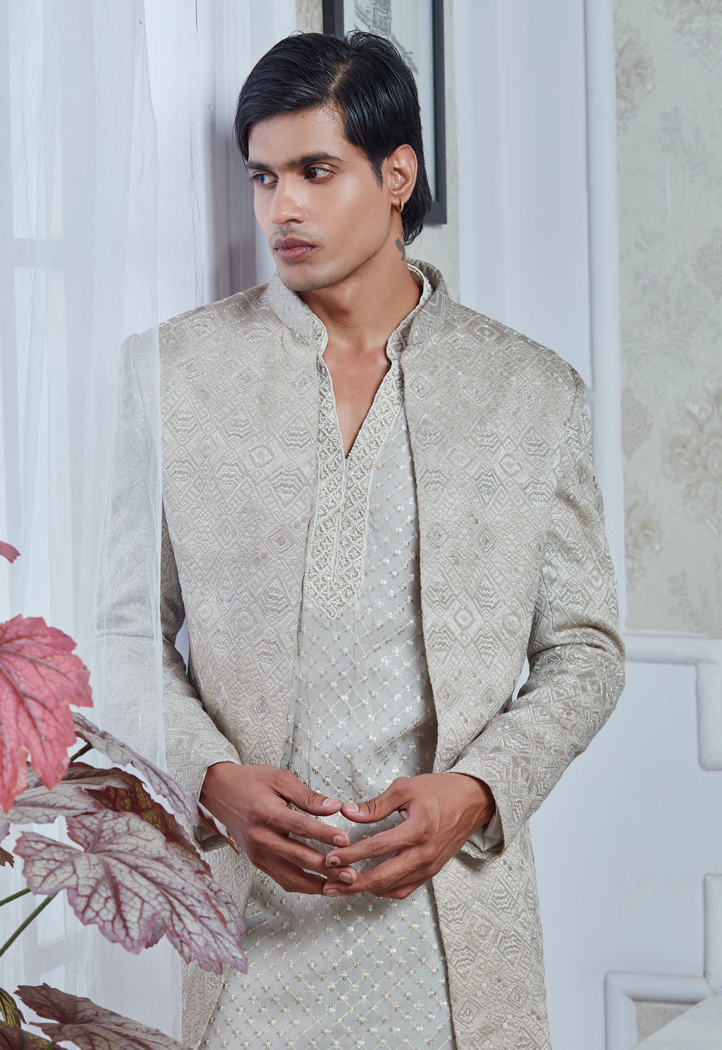 Champagne Velvet Embroidered Indowestern Set