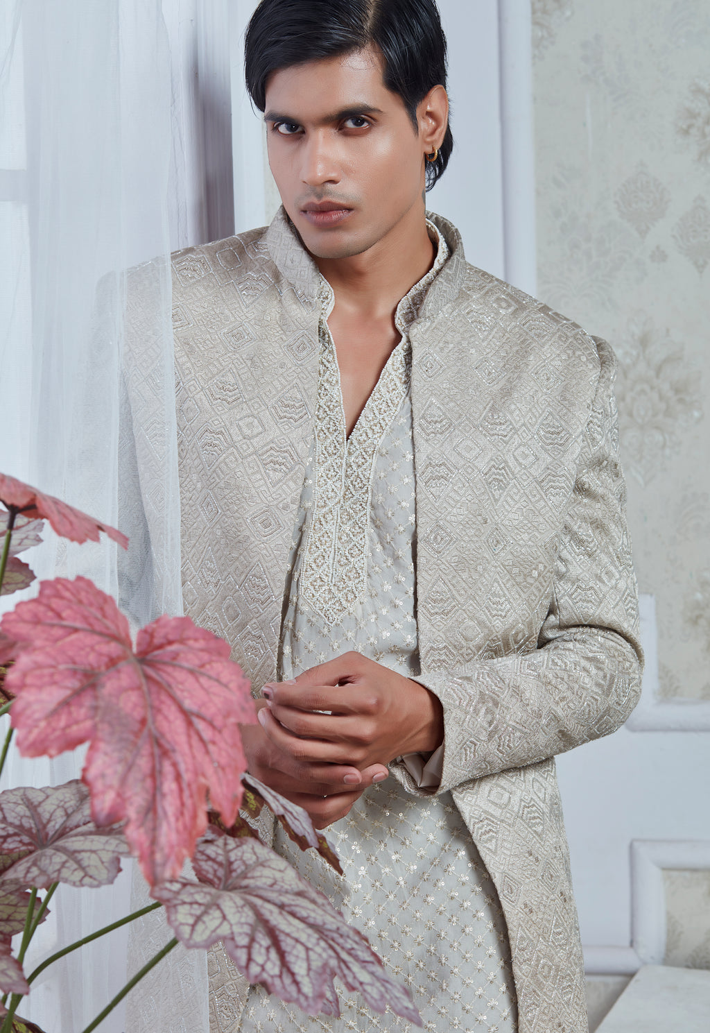 Champagne Velvet Embroidered Indowestern Set