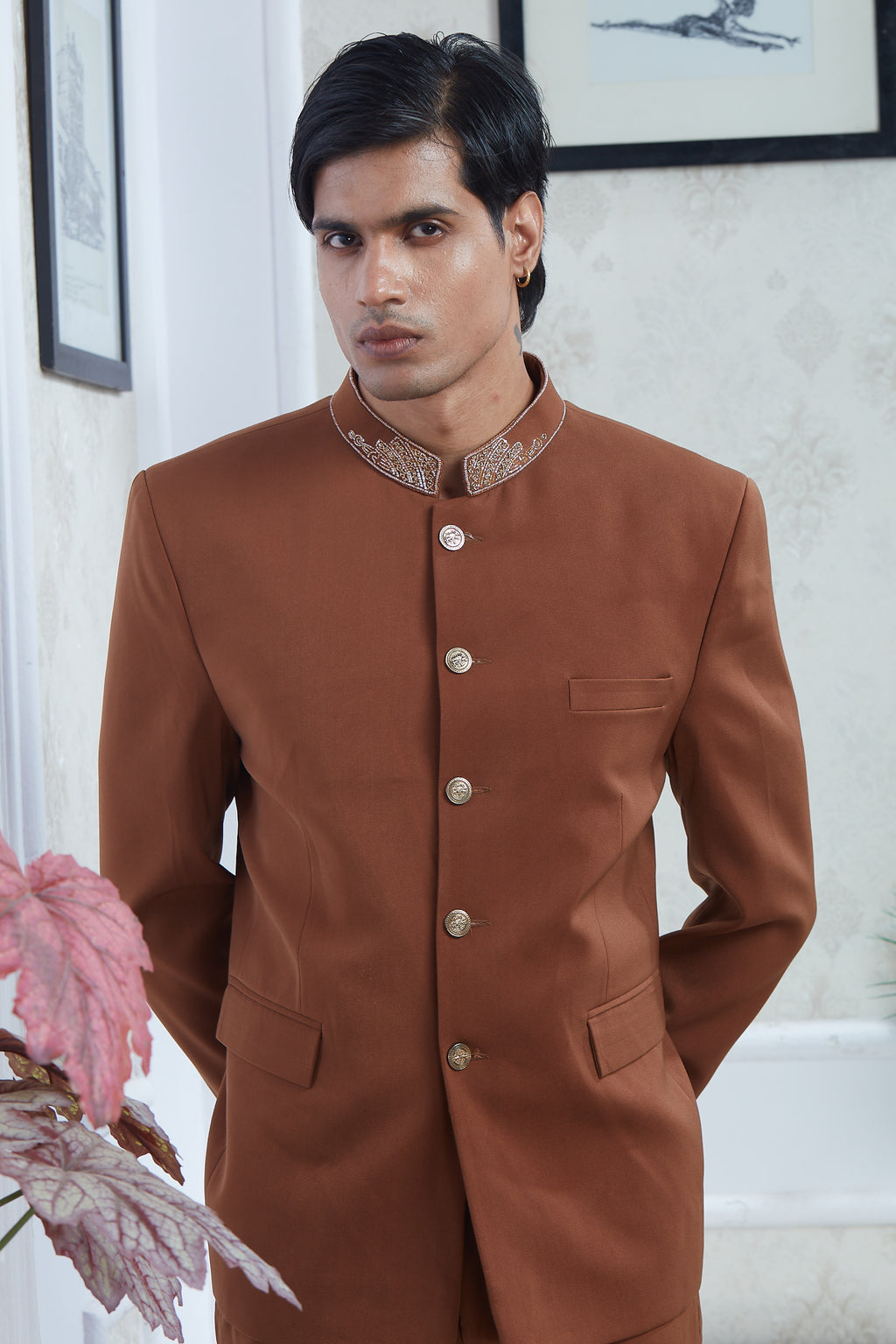 Rust Jodhpuri Set With Embroidered Collar