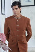 Rust Jodhpuri Set With Embroidered Collar