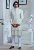 Multi Colored Thread Outline Embroidered White Silk Sherwani Set