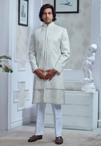 Multi Colored Thread Outline Embroidered White Silk Sherwani Set