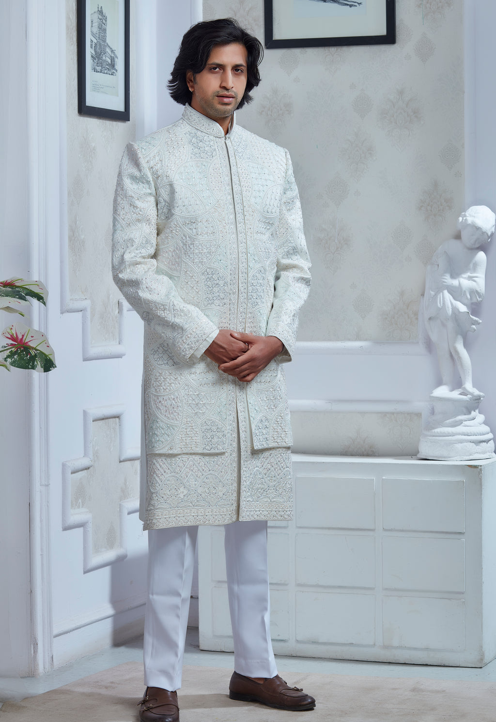 Multi Colored Thread Outline Embroidered White Silk Sherwani Set