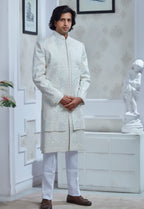 Multi Colored Thread Outline Embroidered White Silk Sherwani Set