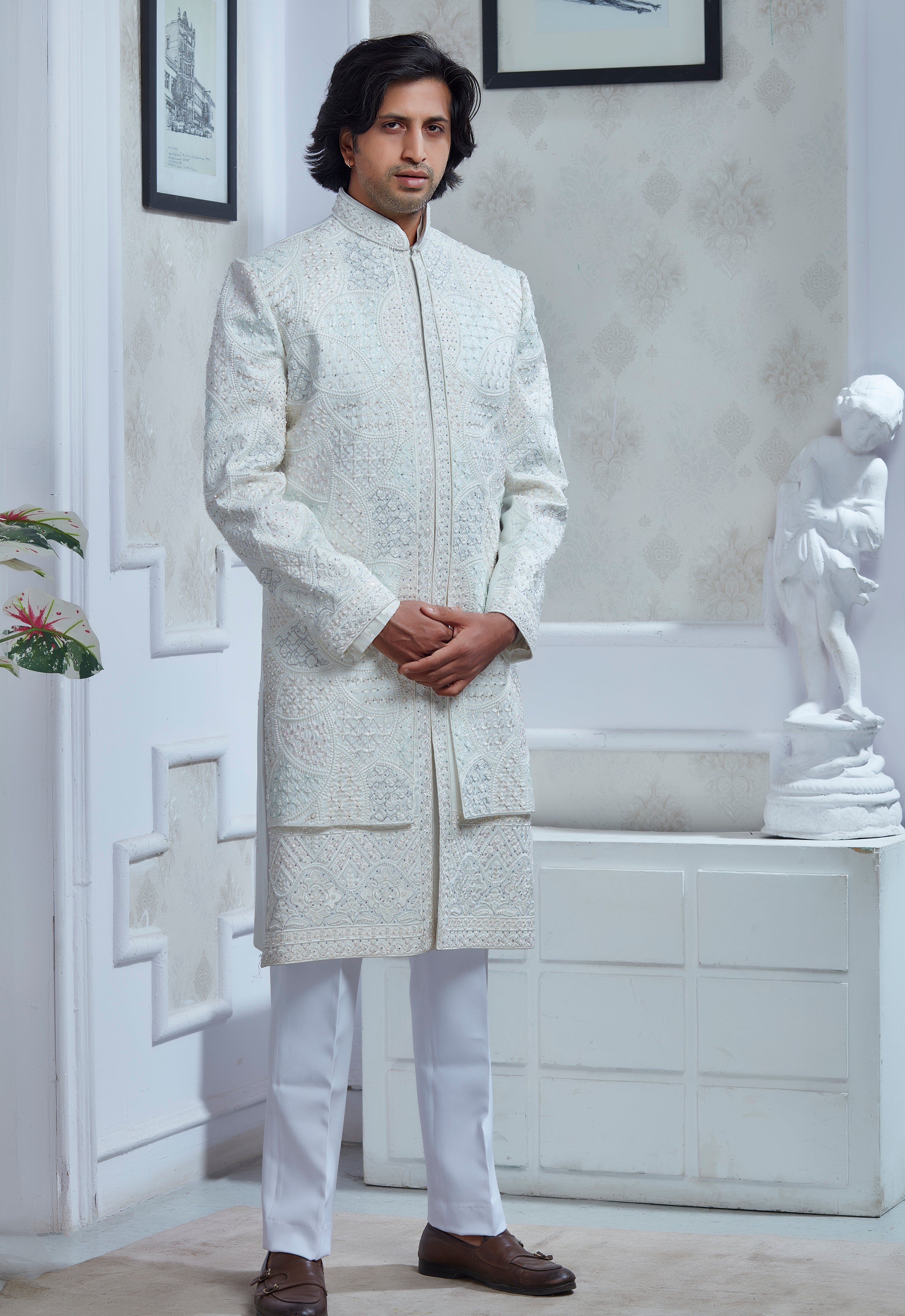 Multi Colored Thread Outline Embroidered White Silk Sherwani Set