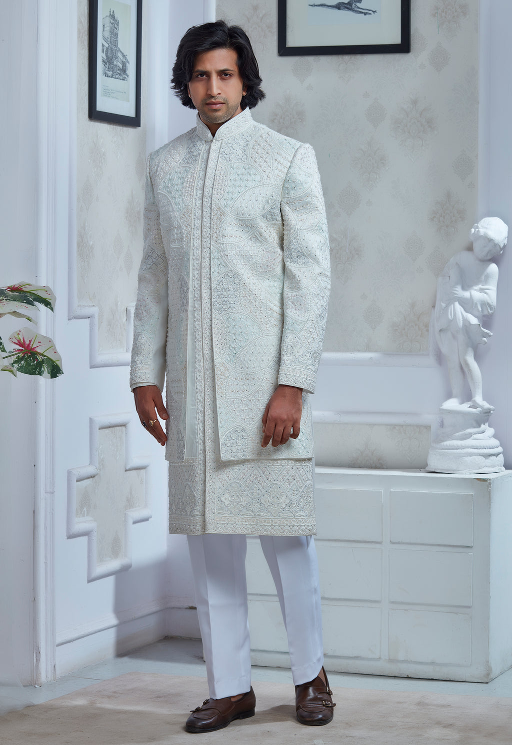 Multi Colored Thread Outline Embroidered White Silk Sherwani Set