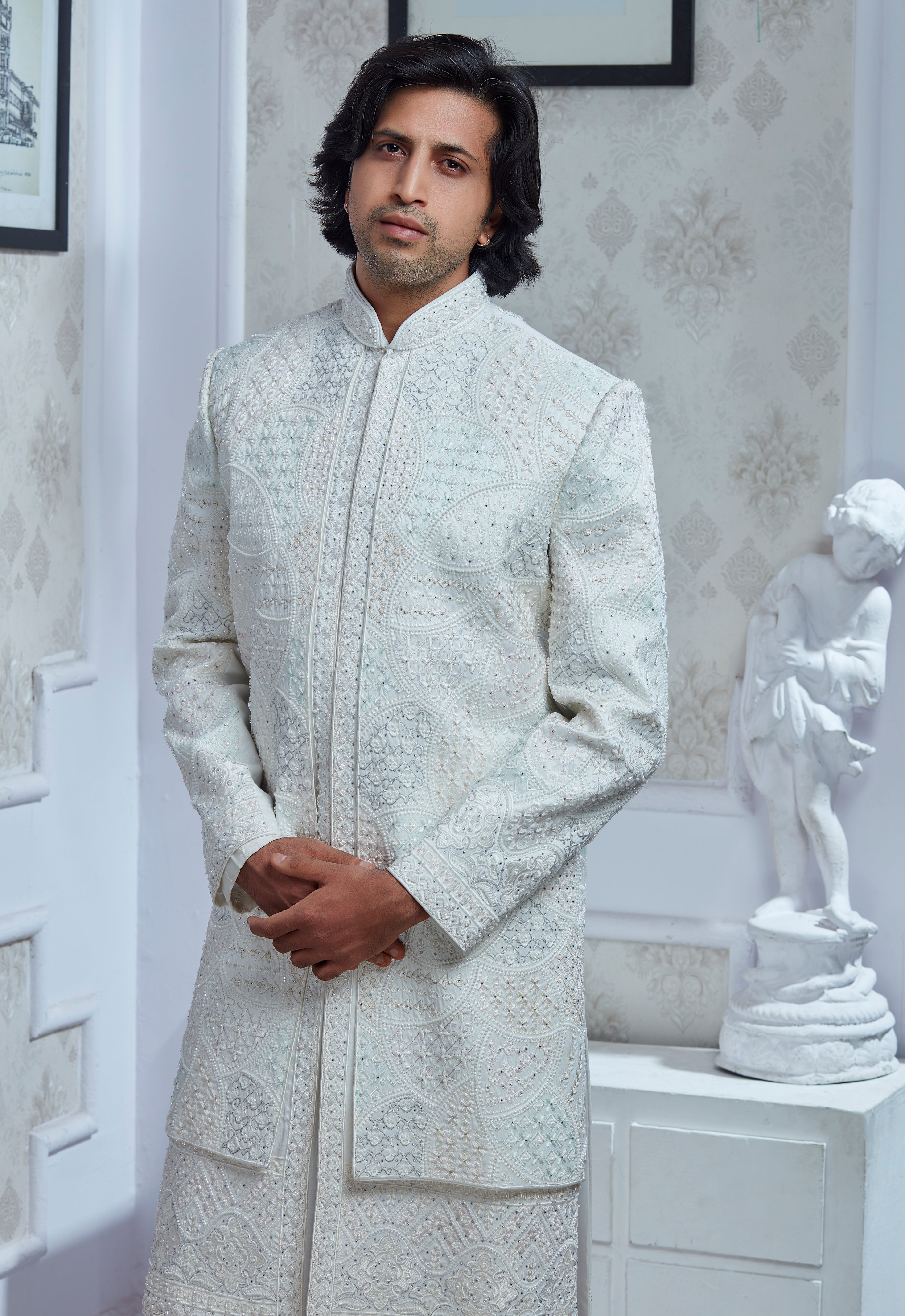 Multi Colored Thread Outline Embroidered White Silk Sherwani Set