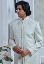 Multi Colored Thread Outline Embroidered White Silk Sherwani Set