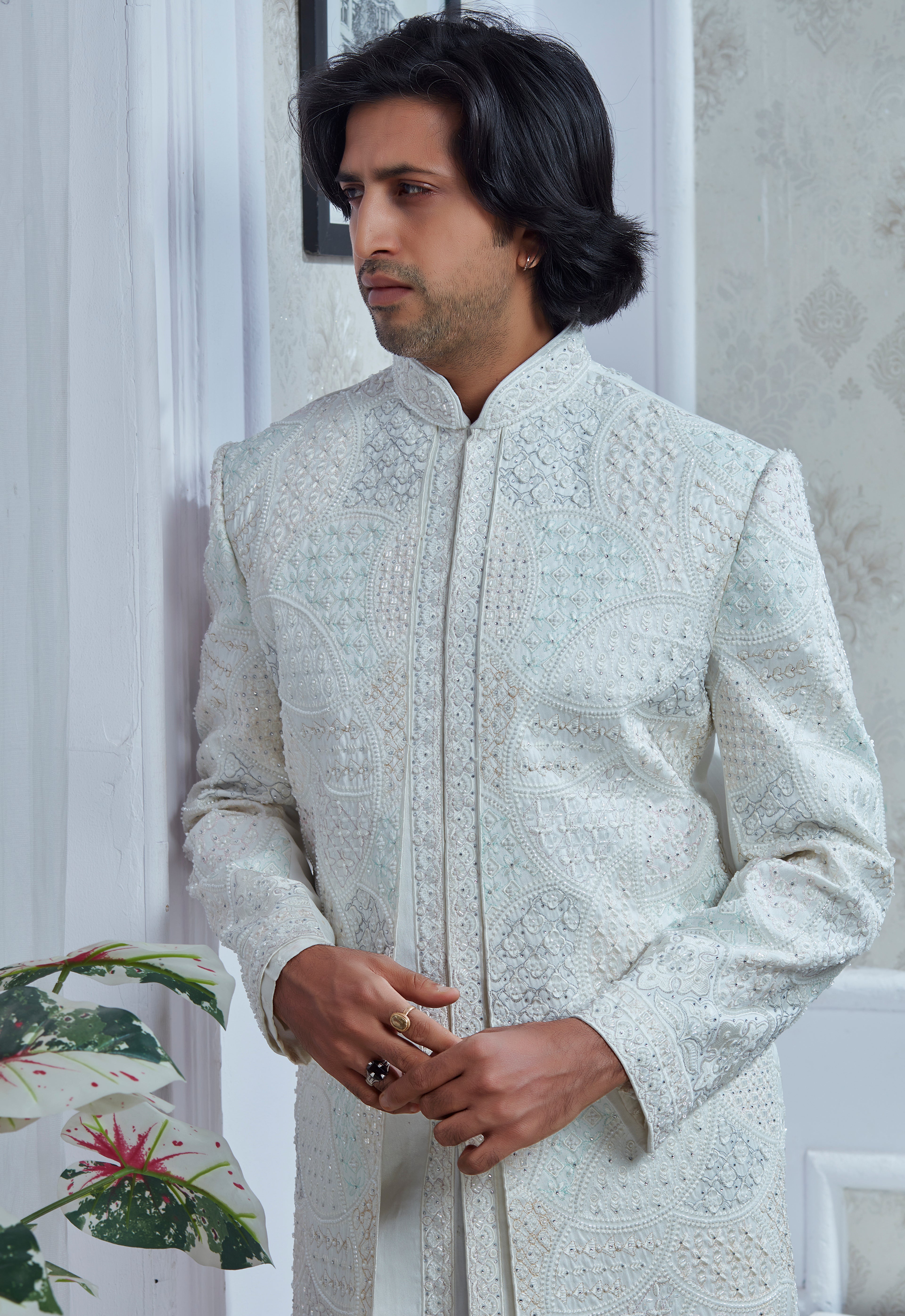 Multi Colored Thread Outline Embroidered White Silk Sherwani Set