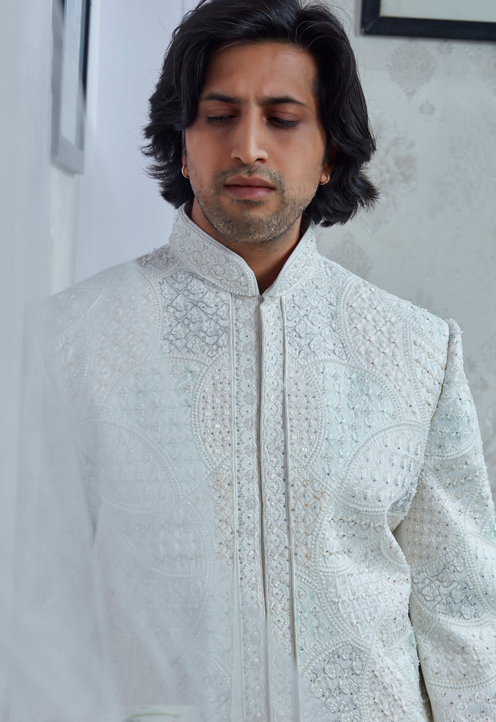 Multi Colored Thread Outline Embroidered White Silk Sherwani Set