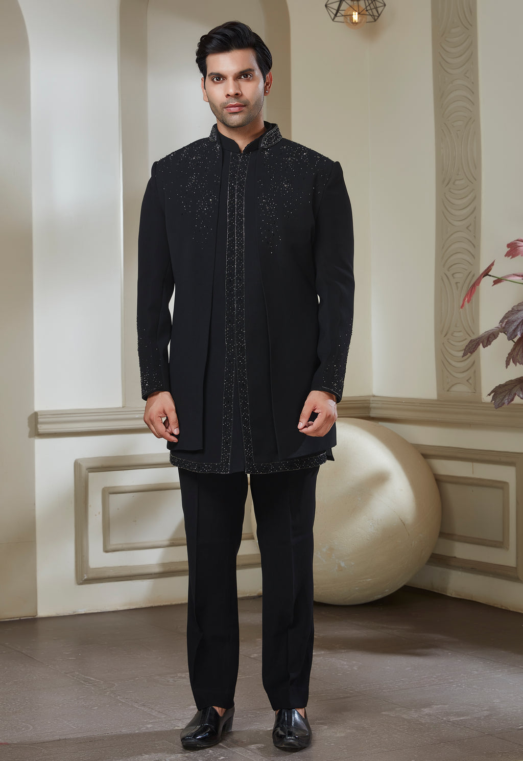 Black Embroidered Indowestern
