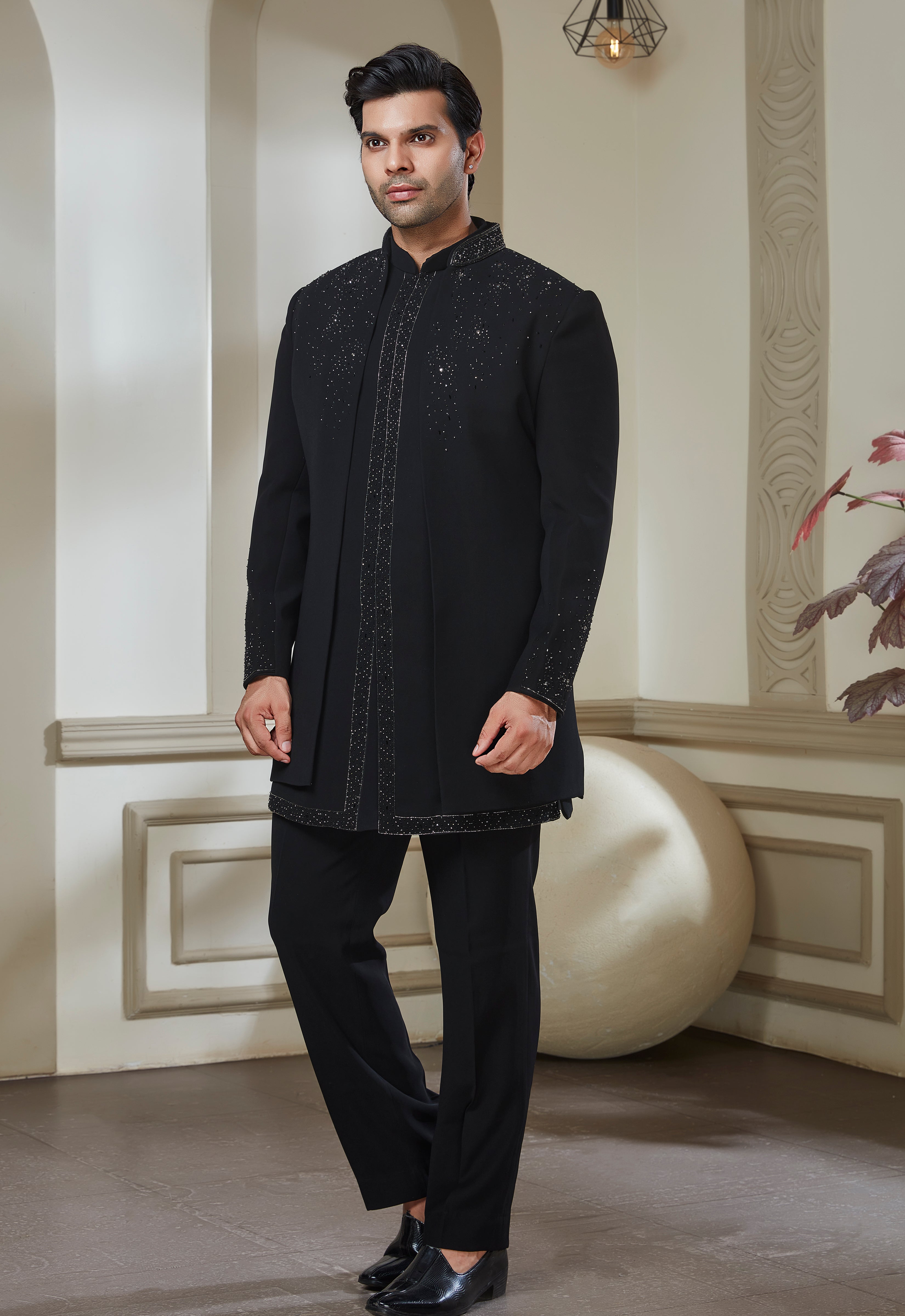 Black Embroidered Indowestern