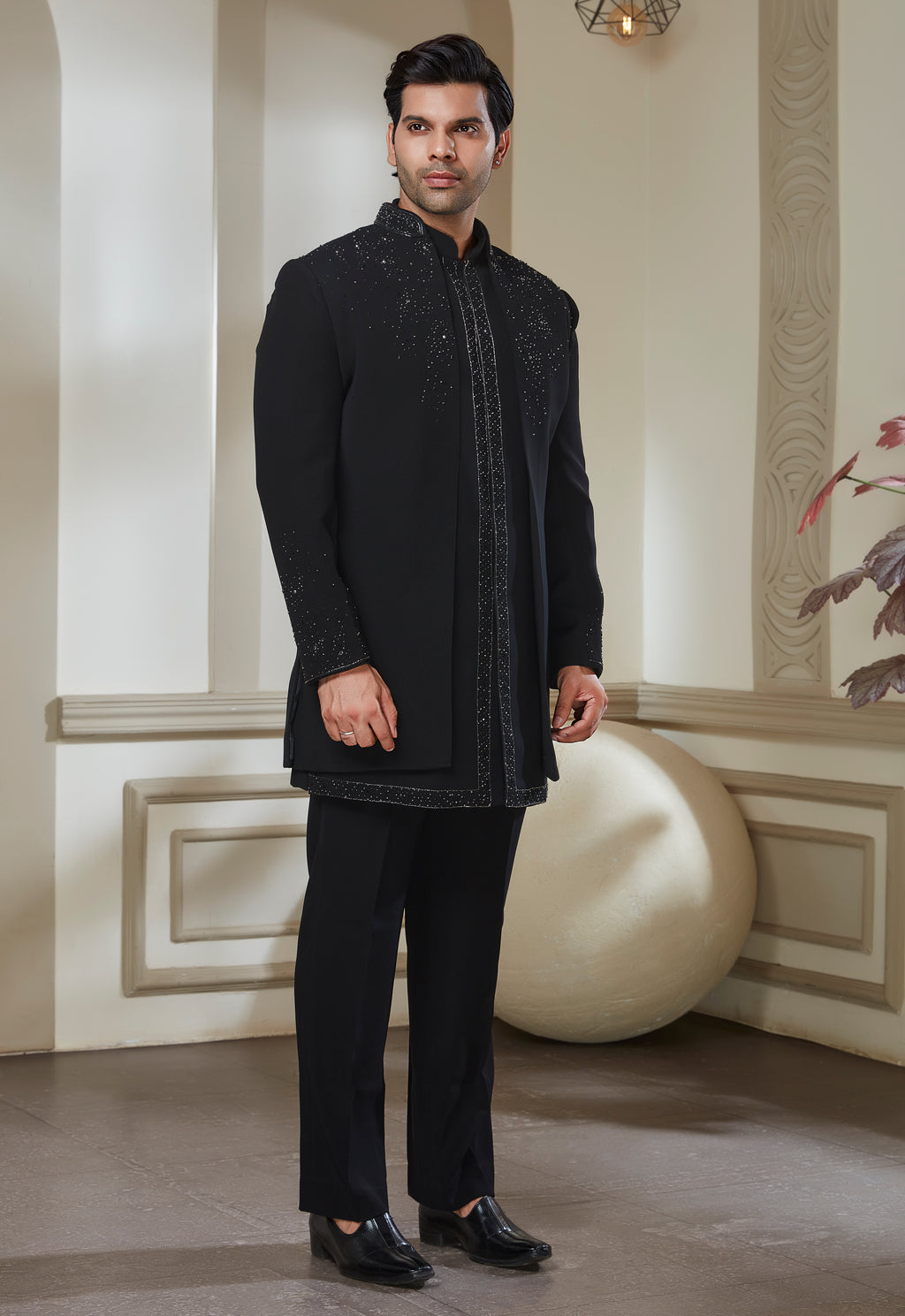 Black Embroidered Indowestern