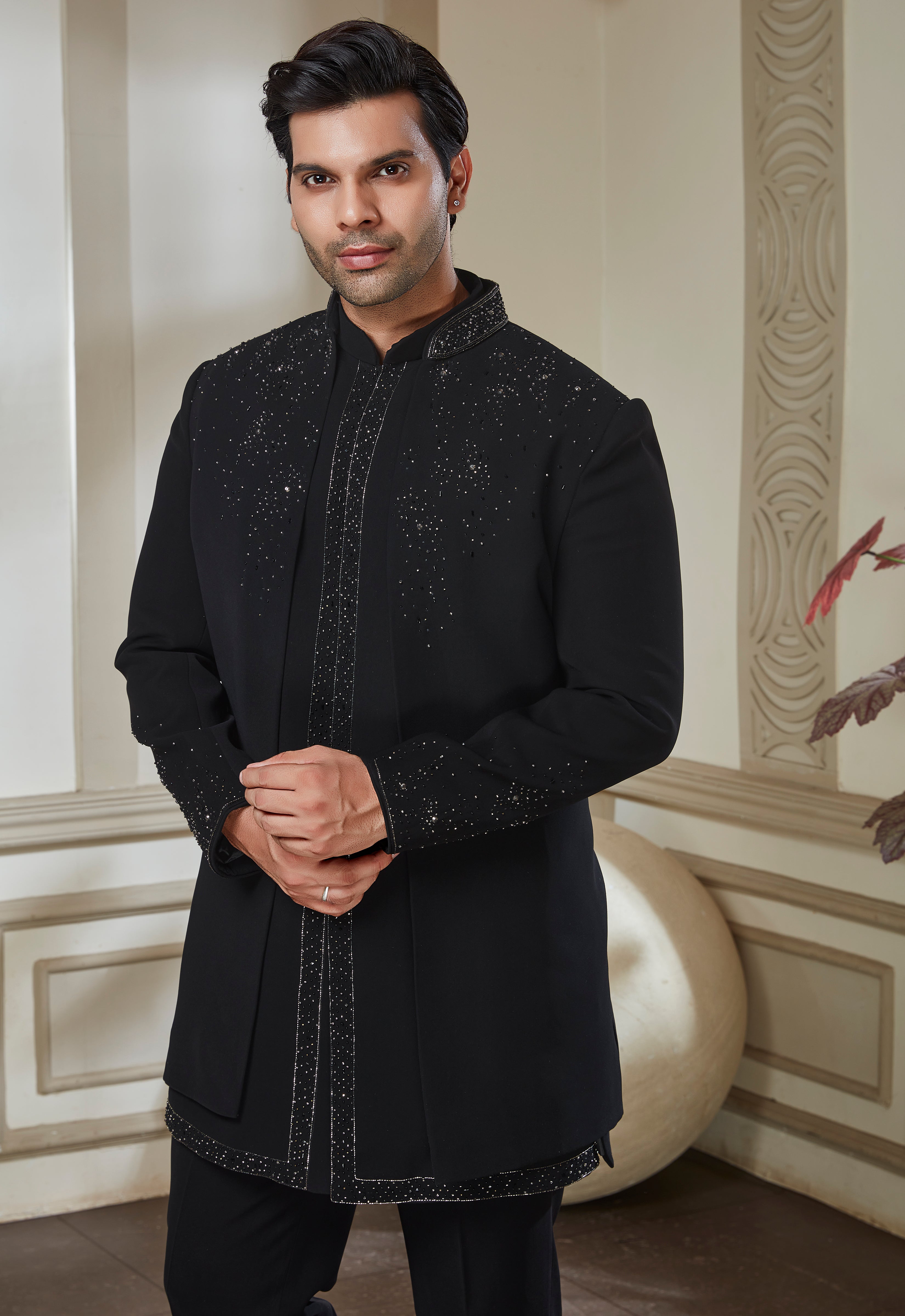Black Embroidered Indowestern