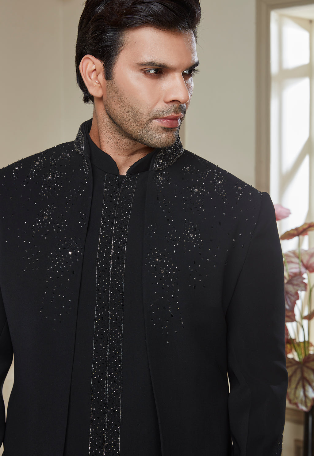 Black Embroidered Indowestern