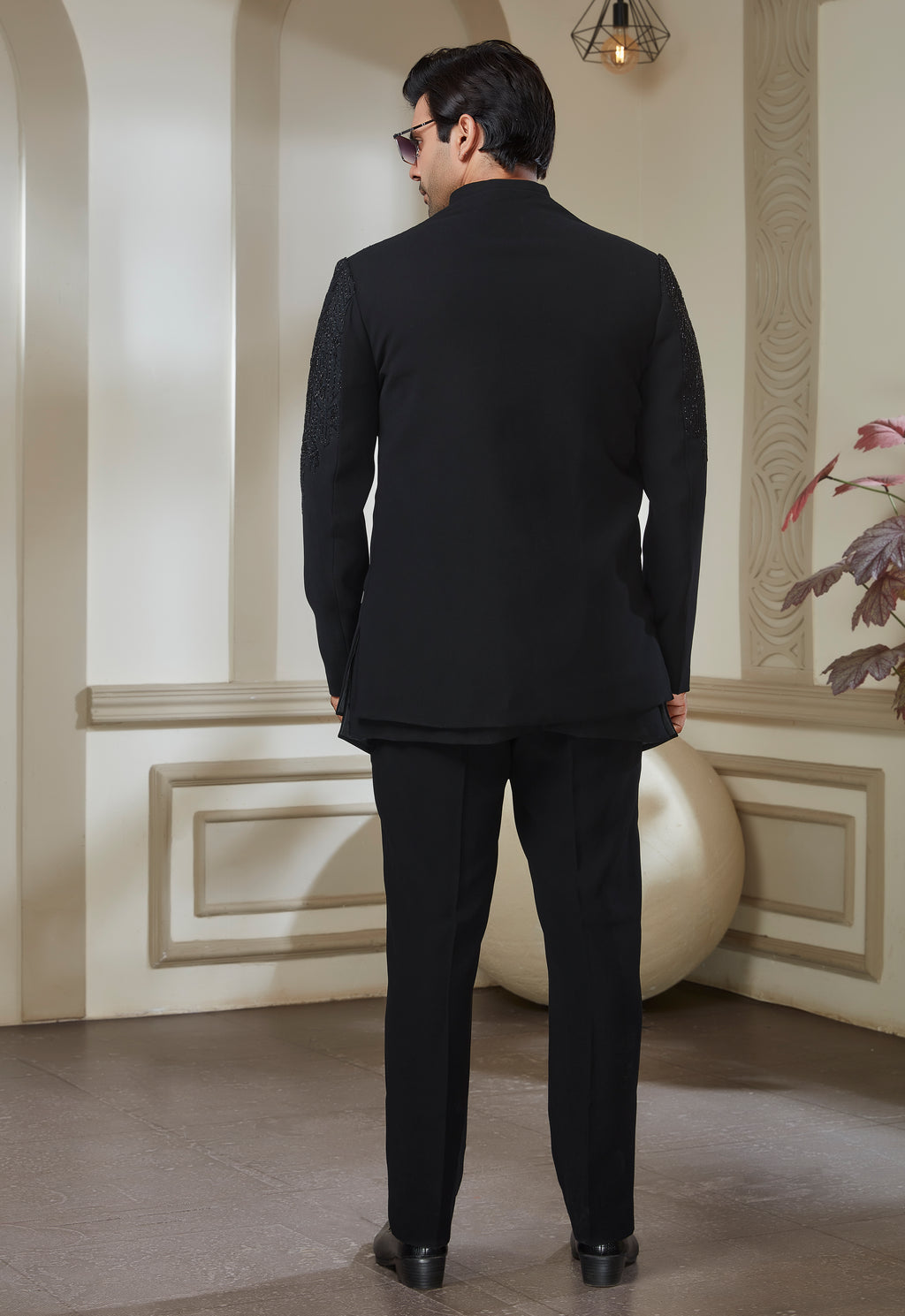 Black Embroided Polyester Indowestern Set