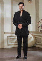 Black Embroided Polyester Indowestern Set