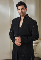 Black Embroided Polyester Indowestern Set