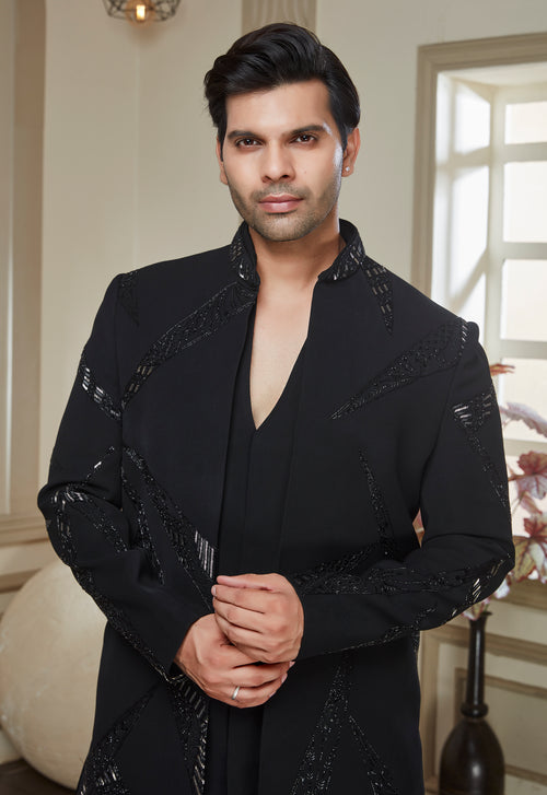 Black Embroided Indowestern Set