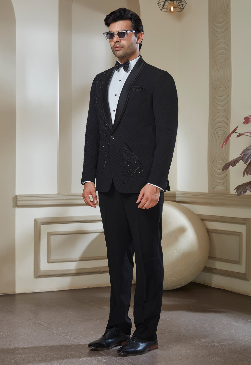 Black Polyester Embroidered Tuxedo Set