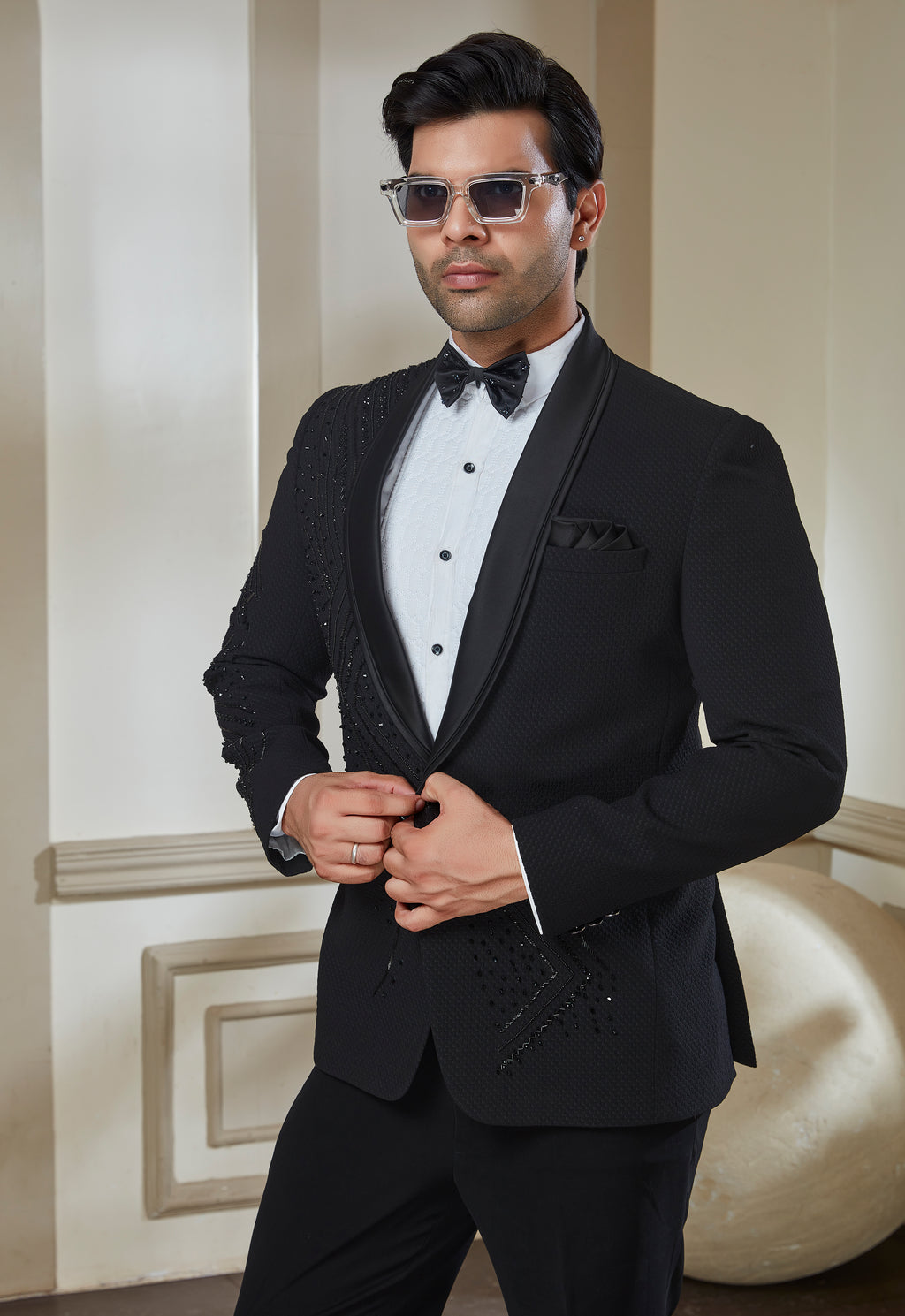 Black Polyester Embroidered Tuxedo Set