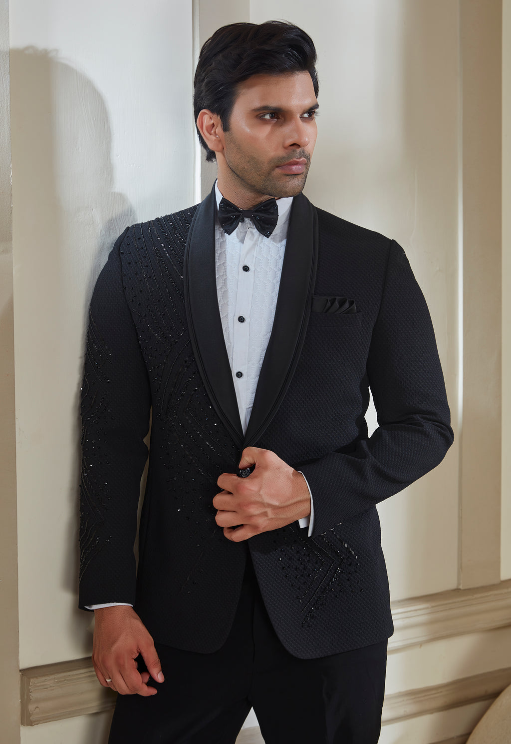 Black Polyester Embroidered Tuxedo Set
