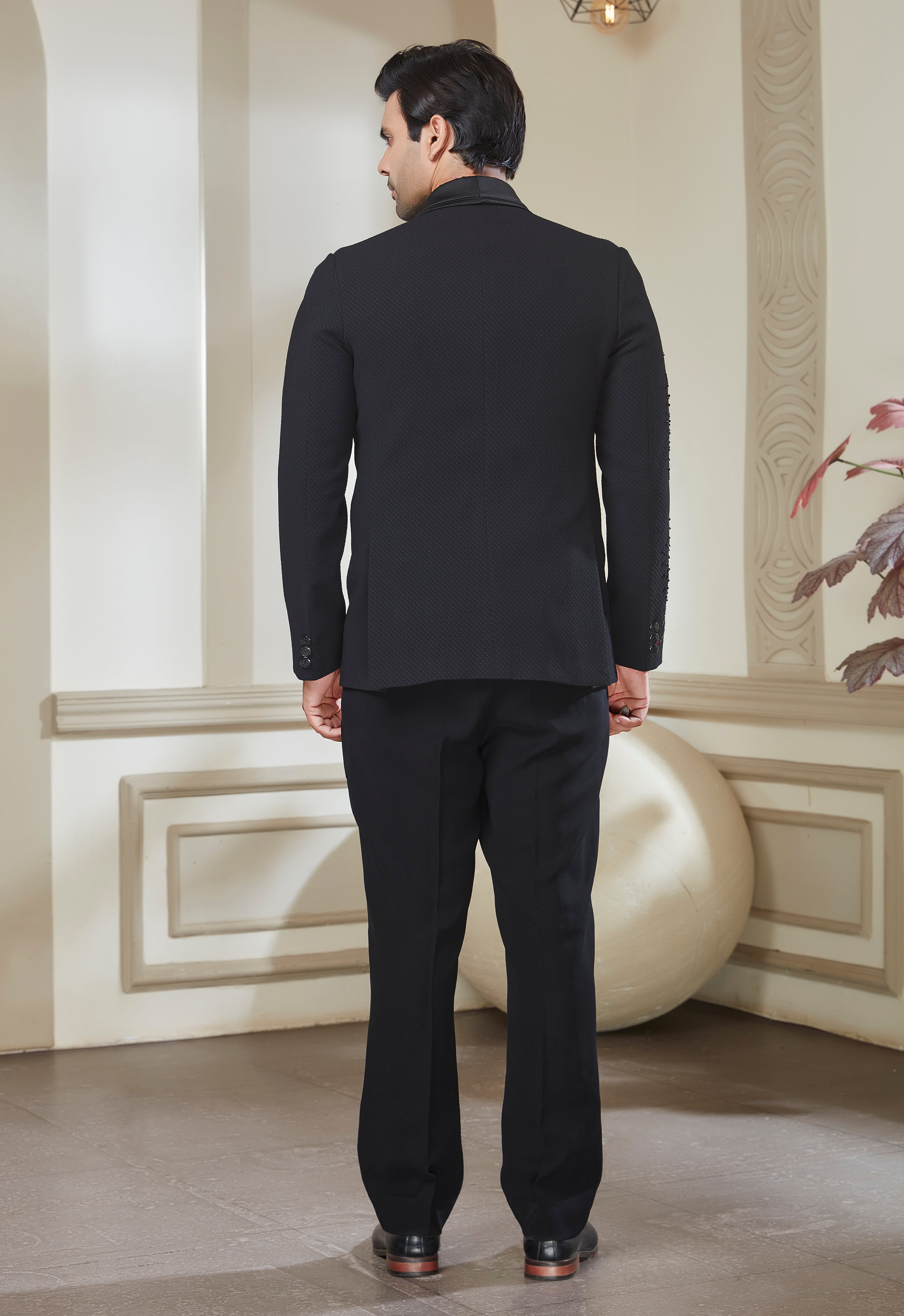 Black Polyester Embroidered Tuxedo Set