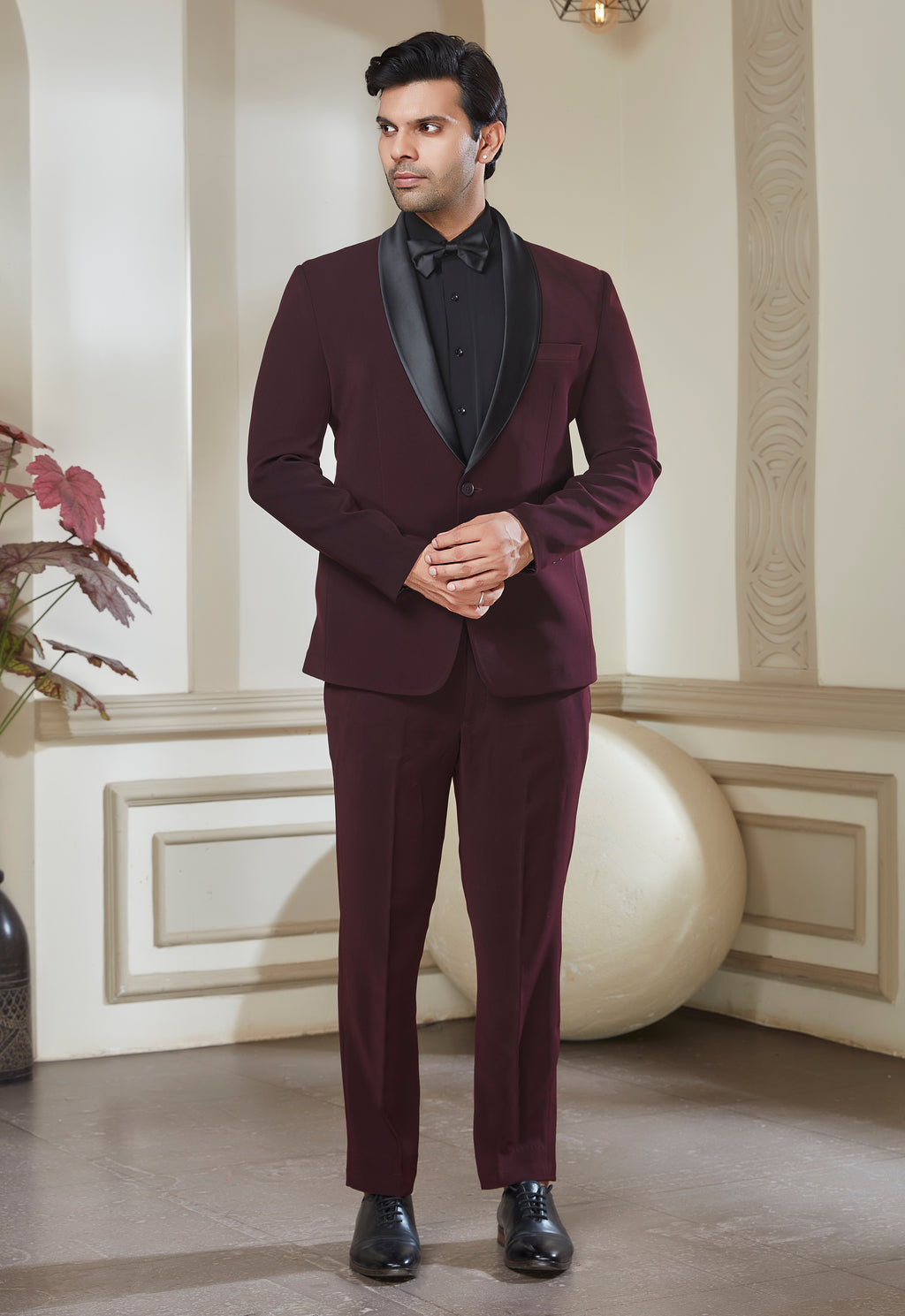 Wine Tuxedo Set With Satin Shawl Lapel