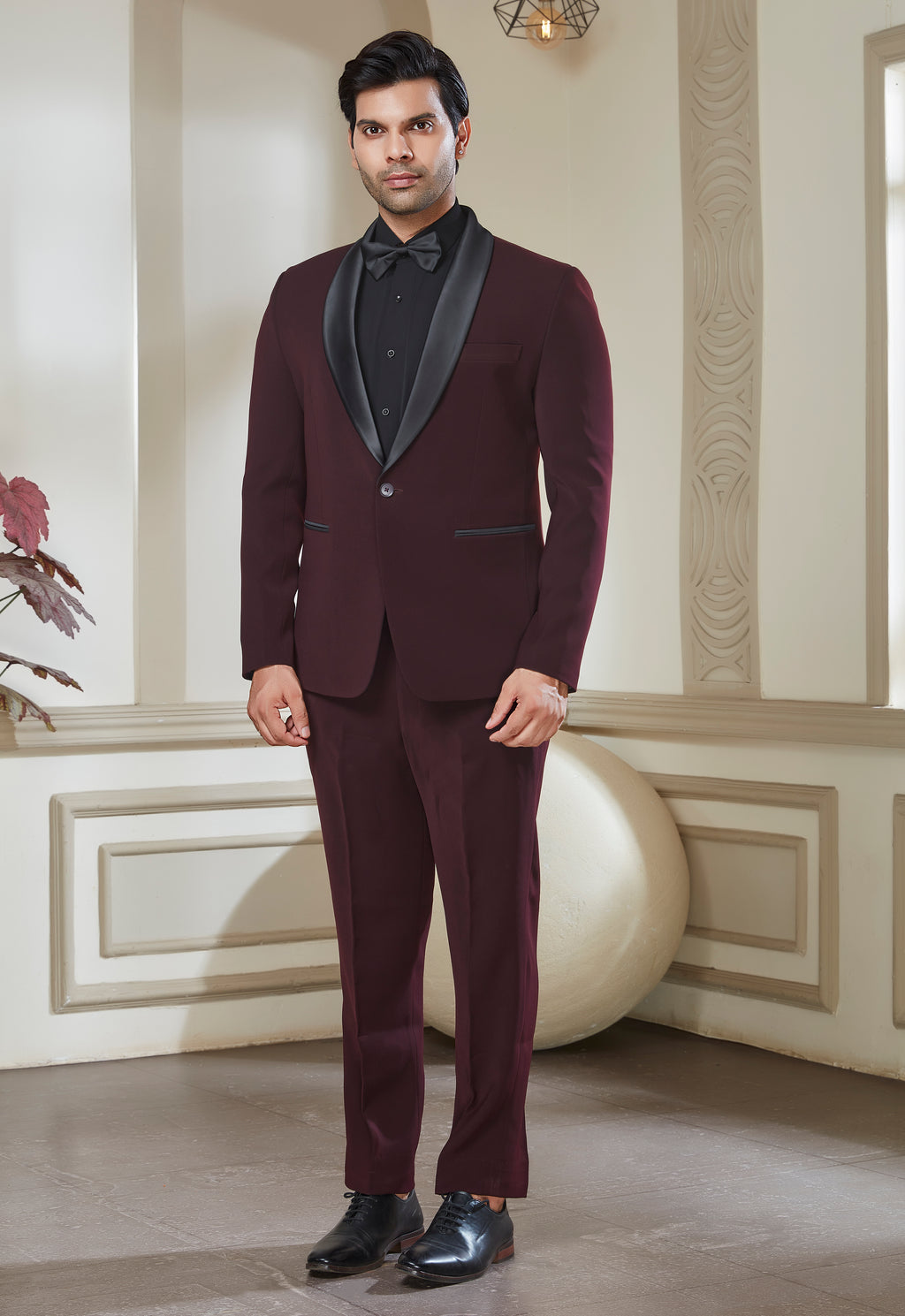 Wine Tuxedo Set With Satin Shawl Lapel