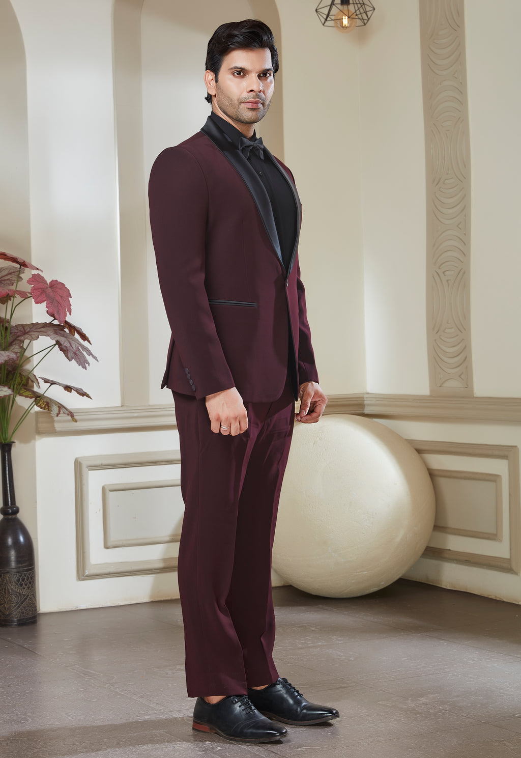 Wine Tuxedo Set With Satin Shawl Lapel