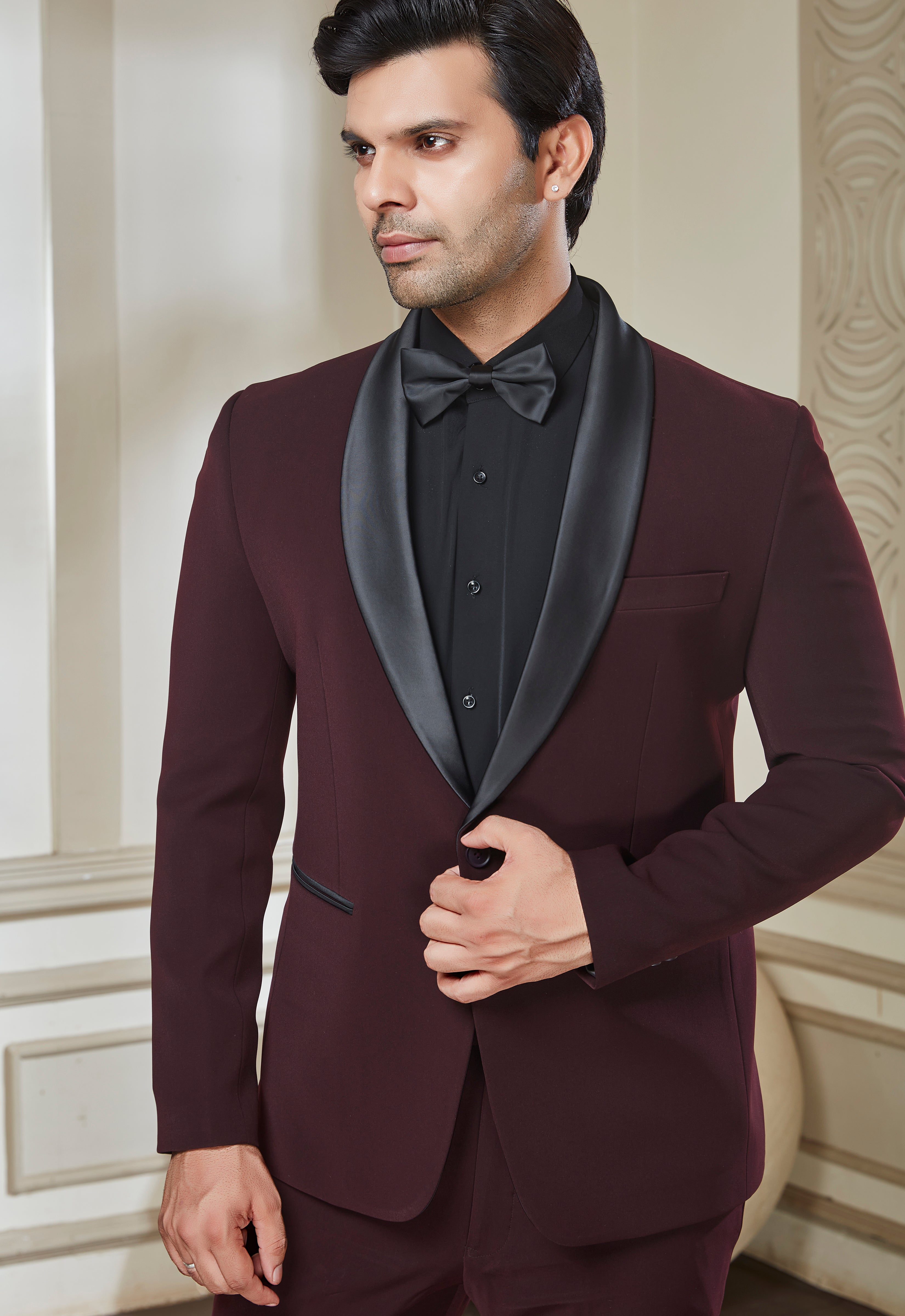 Wine Tuxedo Set With Satin Shawl Lapel