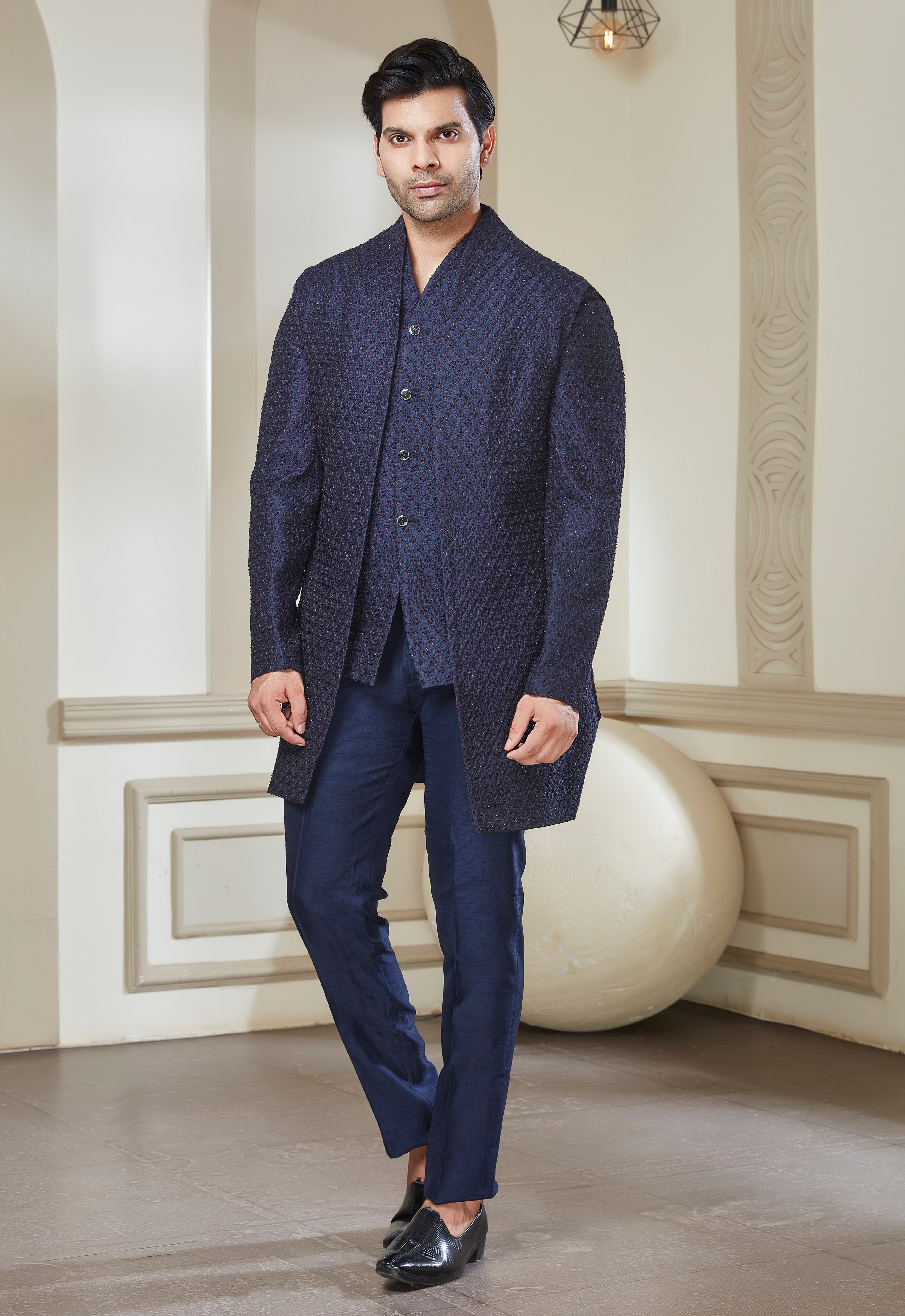Blue Raw Silk Embroidered Indowestern Set