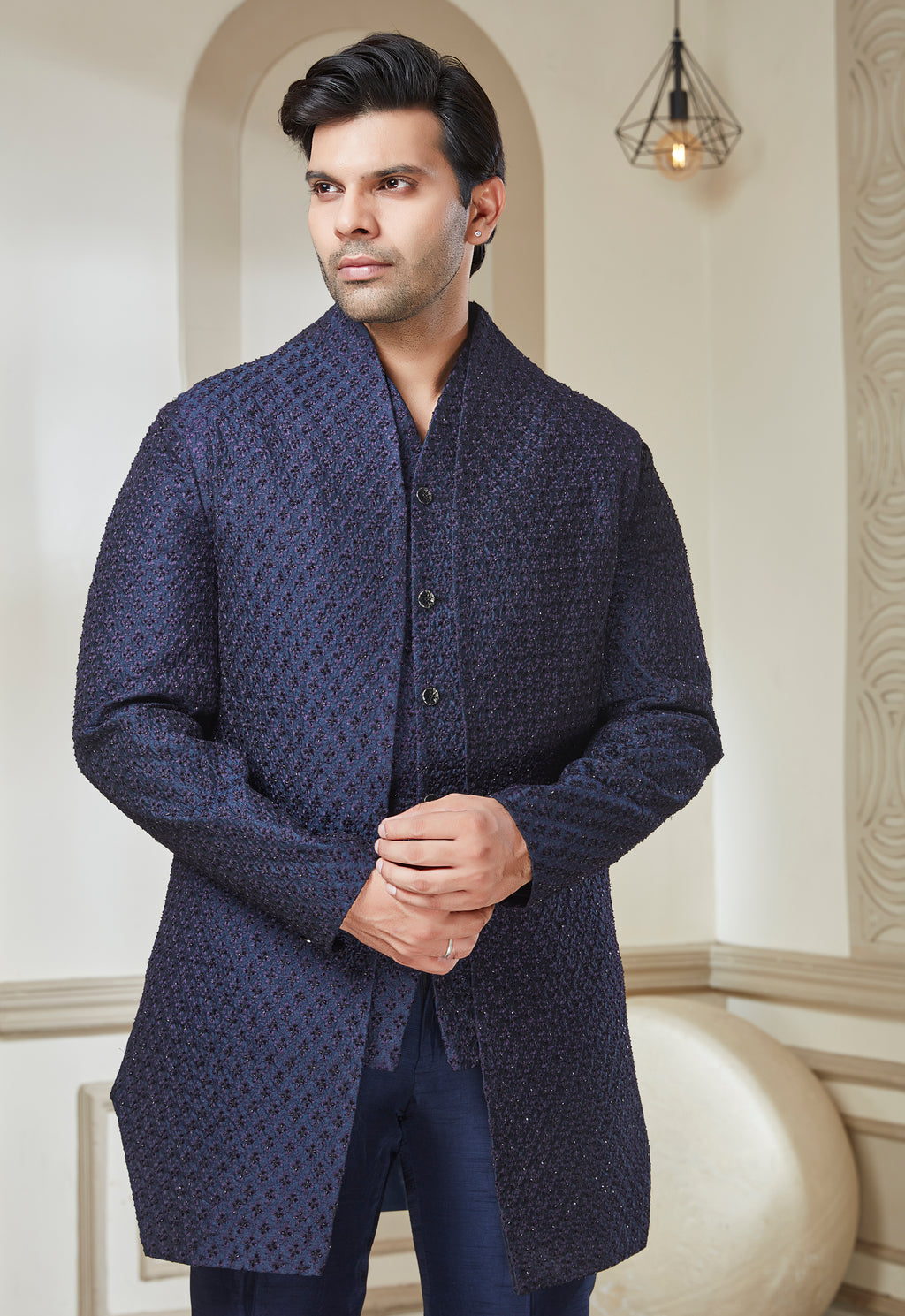 Blue Raw Silk Embroidered Indowestern Set