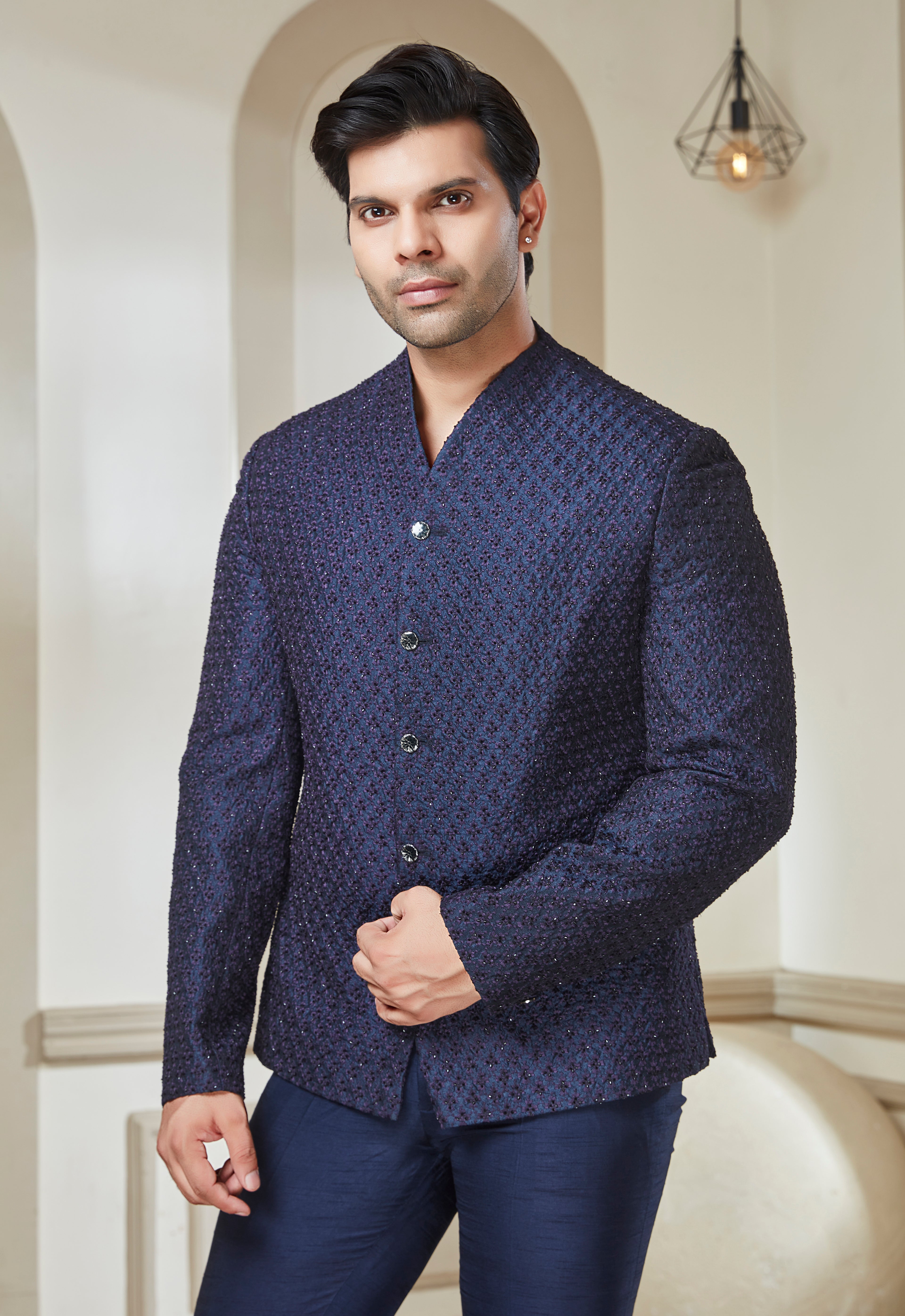 Blue Raw Silk Embroidered Indowestern Set