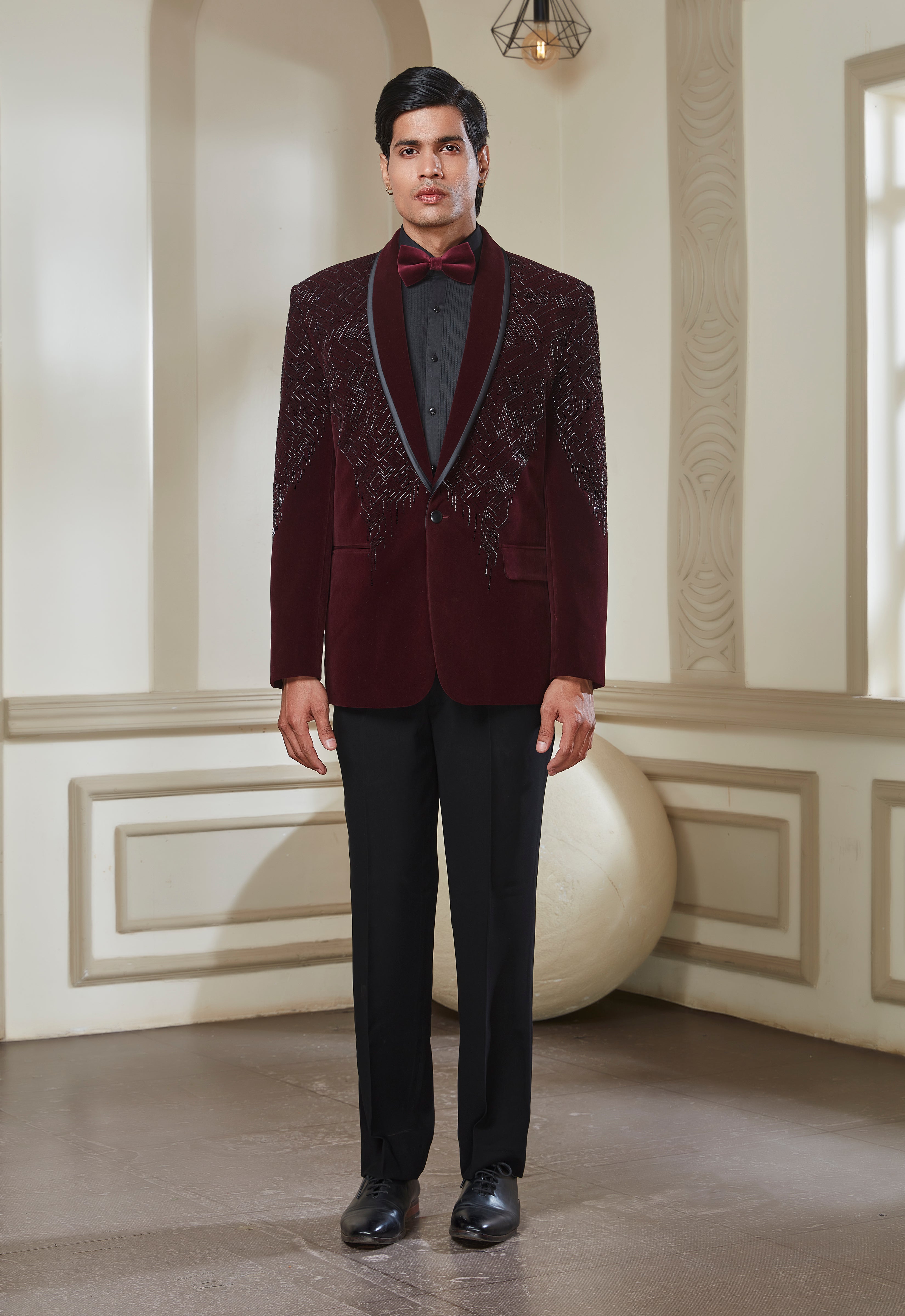 Embroidered Wine Velvet Tuxedo Set