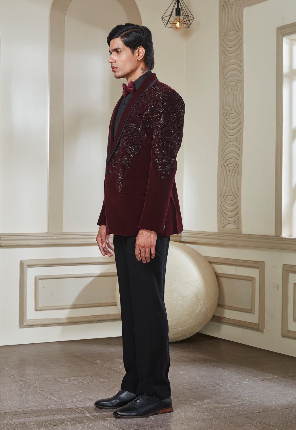 Embroidered Wine Velvet Tuxedo Set