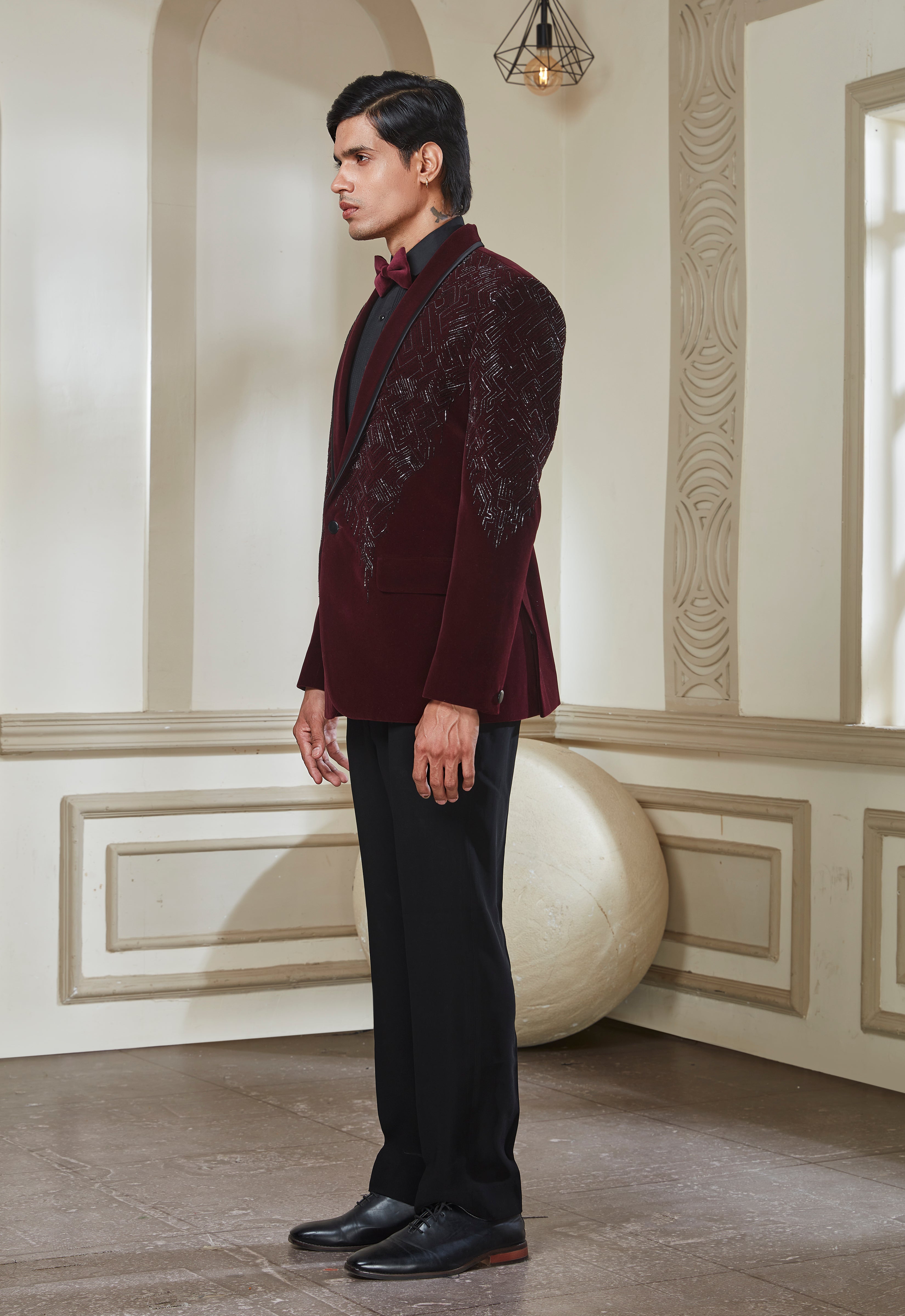 Embroidered Wine Velvet Tuxedo Set