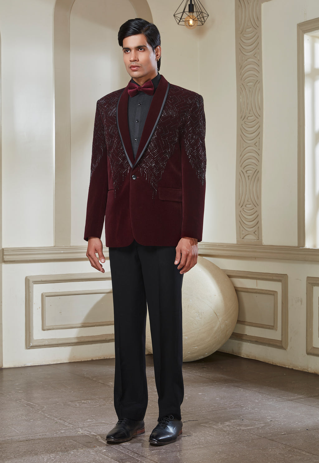 Embroidered Wine Velvet Tuxedo Set