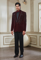Embroidered Wine Velvet Tuxedo Set