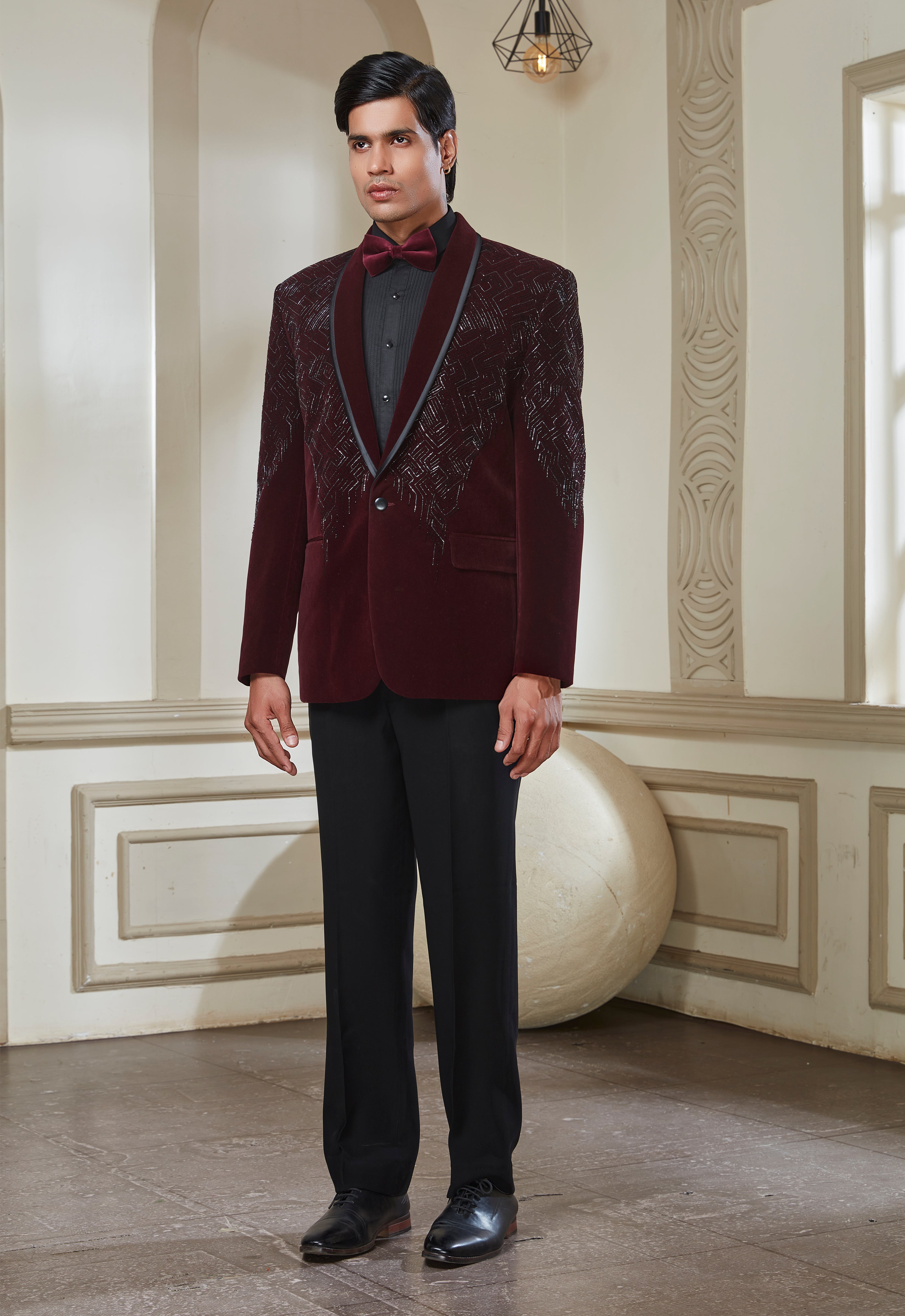 Embroidered Wine Velvet Tuxedo Set