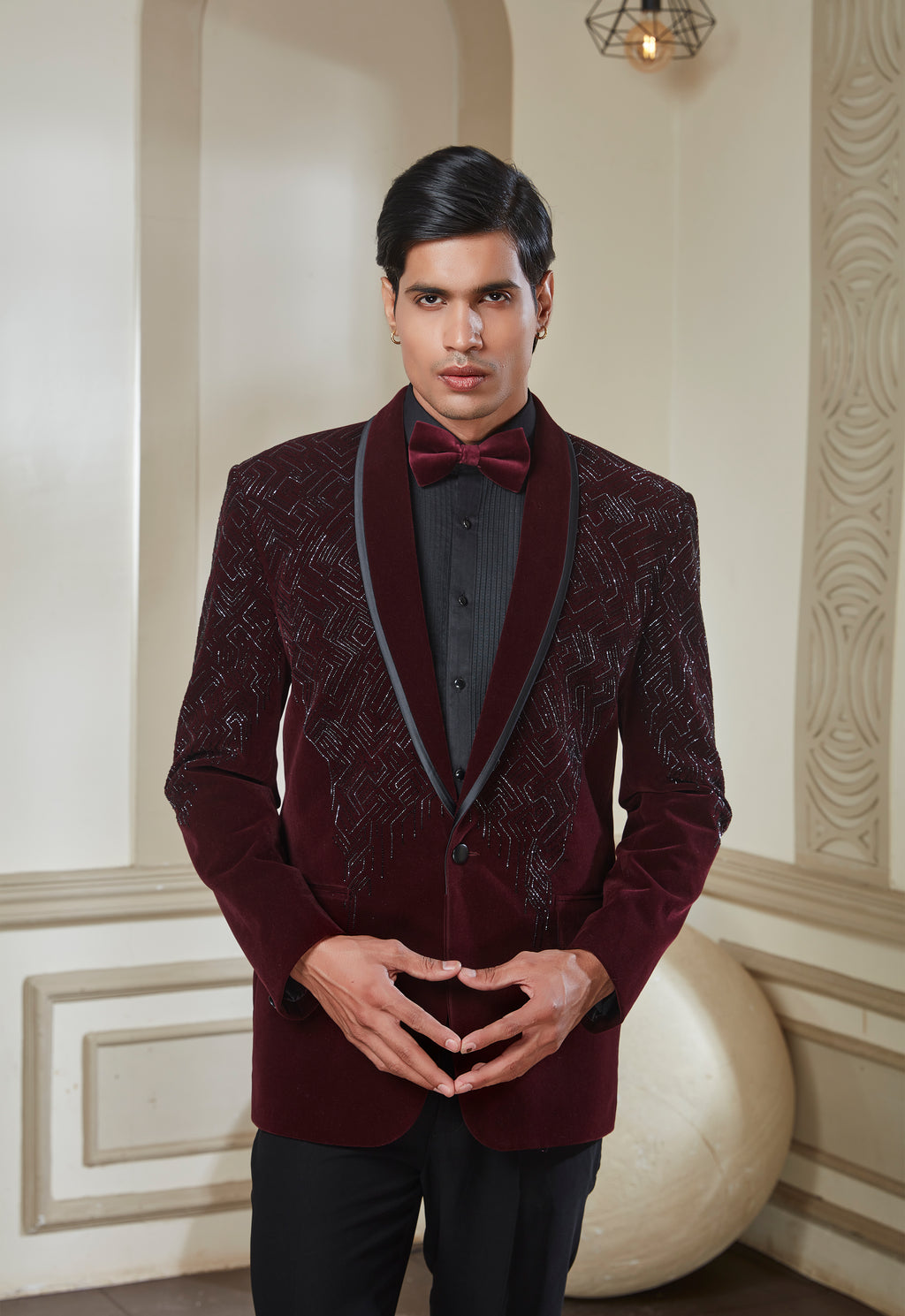 Embroidered Wine Velvet Tuxedo Set