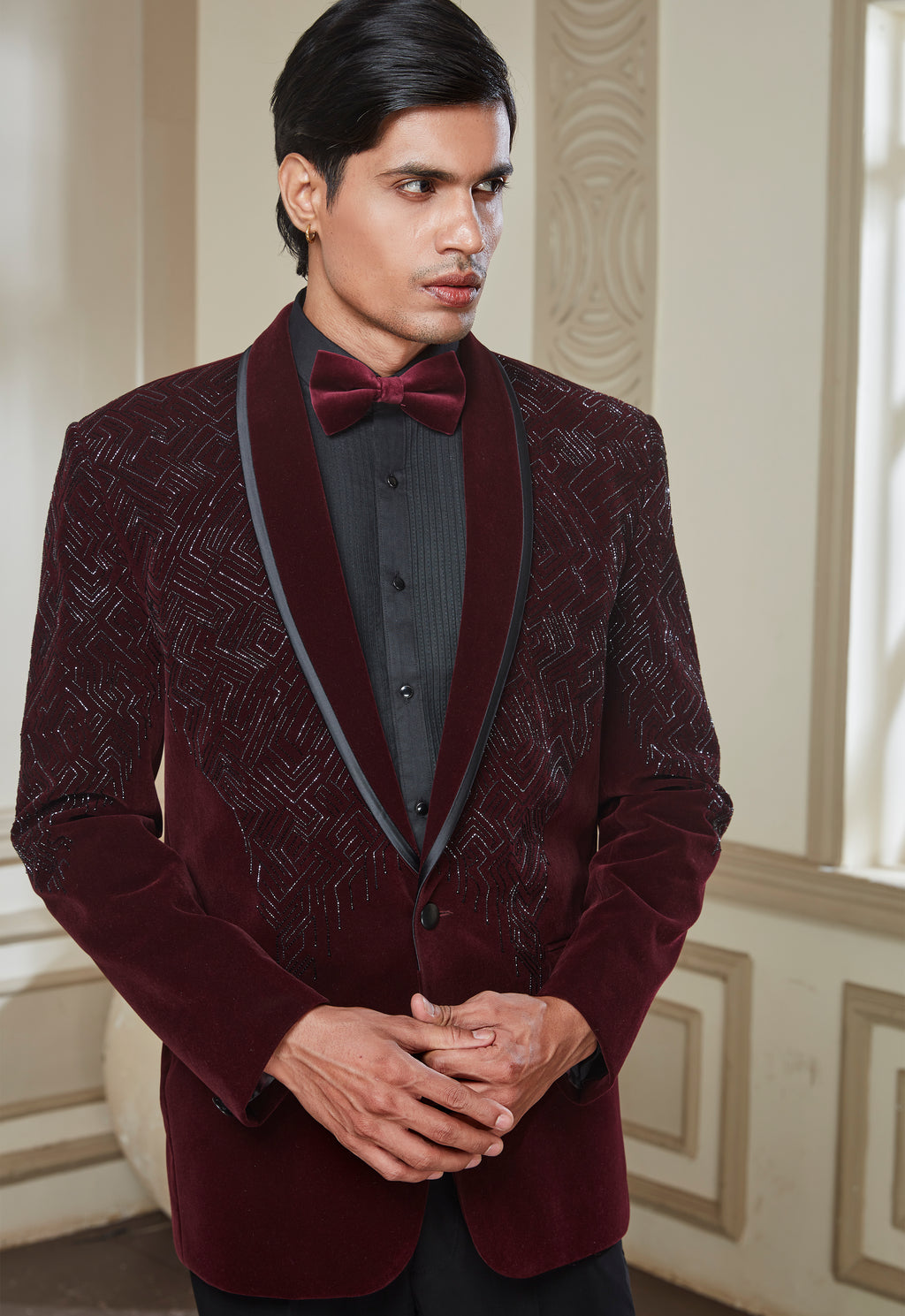 Embroidered Wine Velvet Tuxedo Set