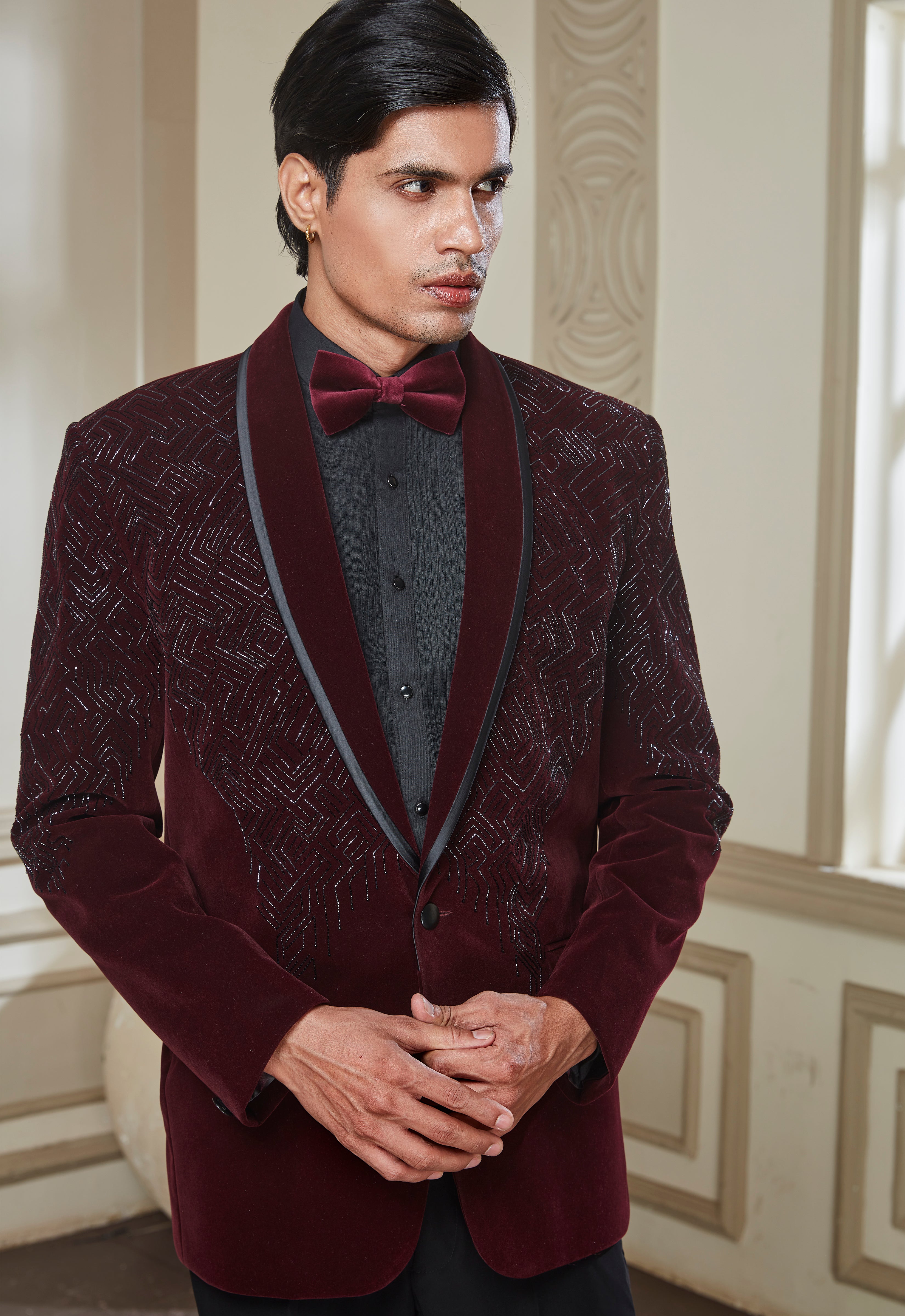 Embroidered Wine Velvet Tuxedo Set