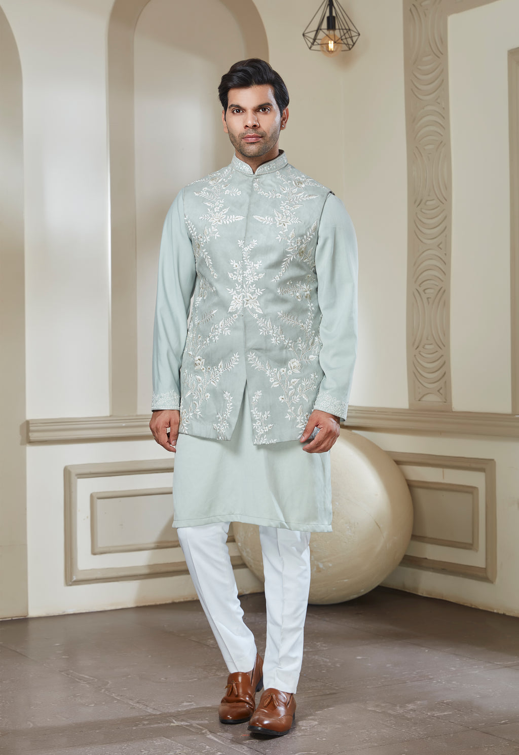 Sage Green Polyester Bandi Kurta Set
