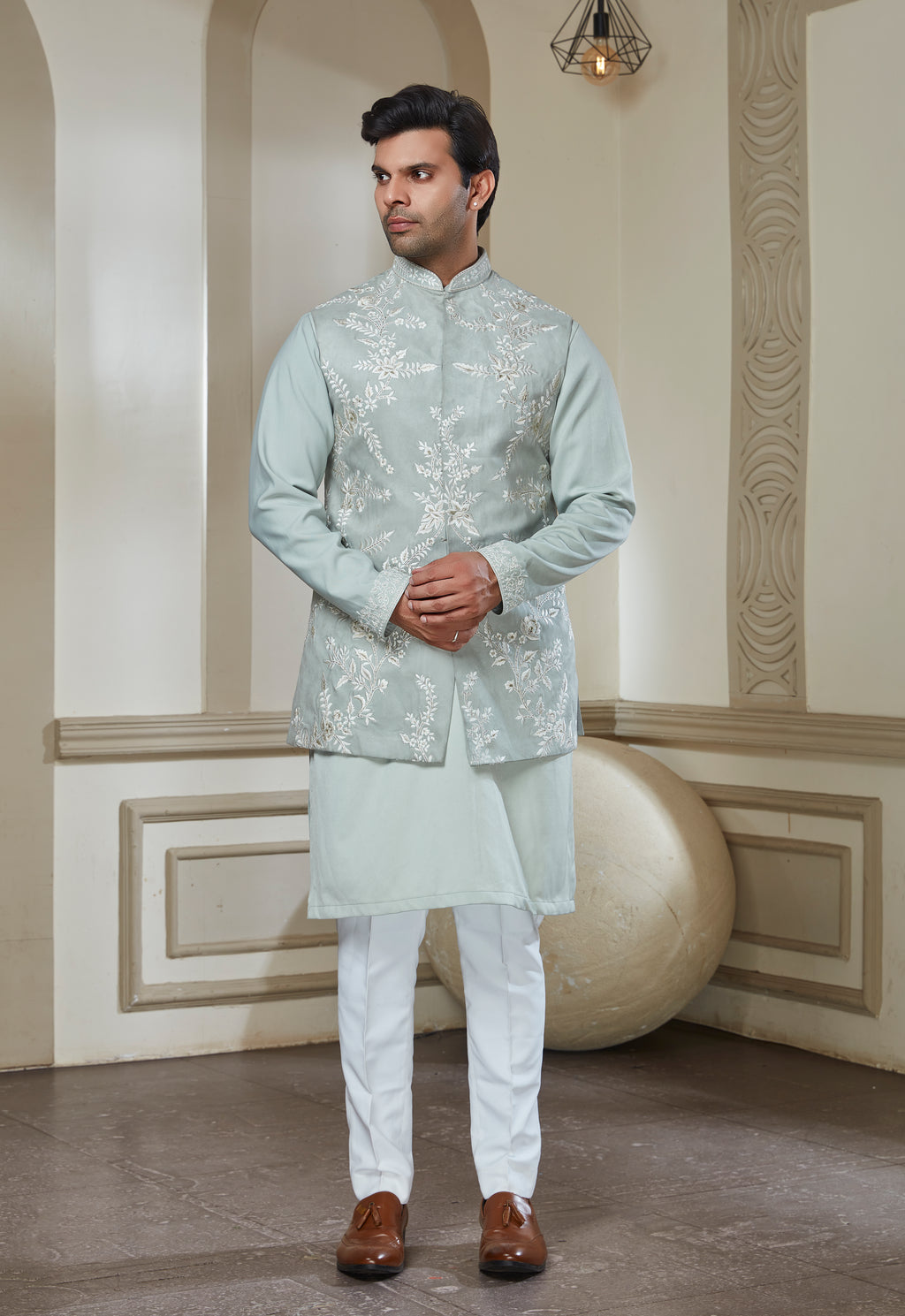 Sage Green Polyester Bandi Kurta Set